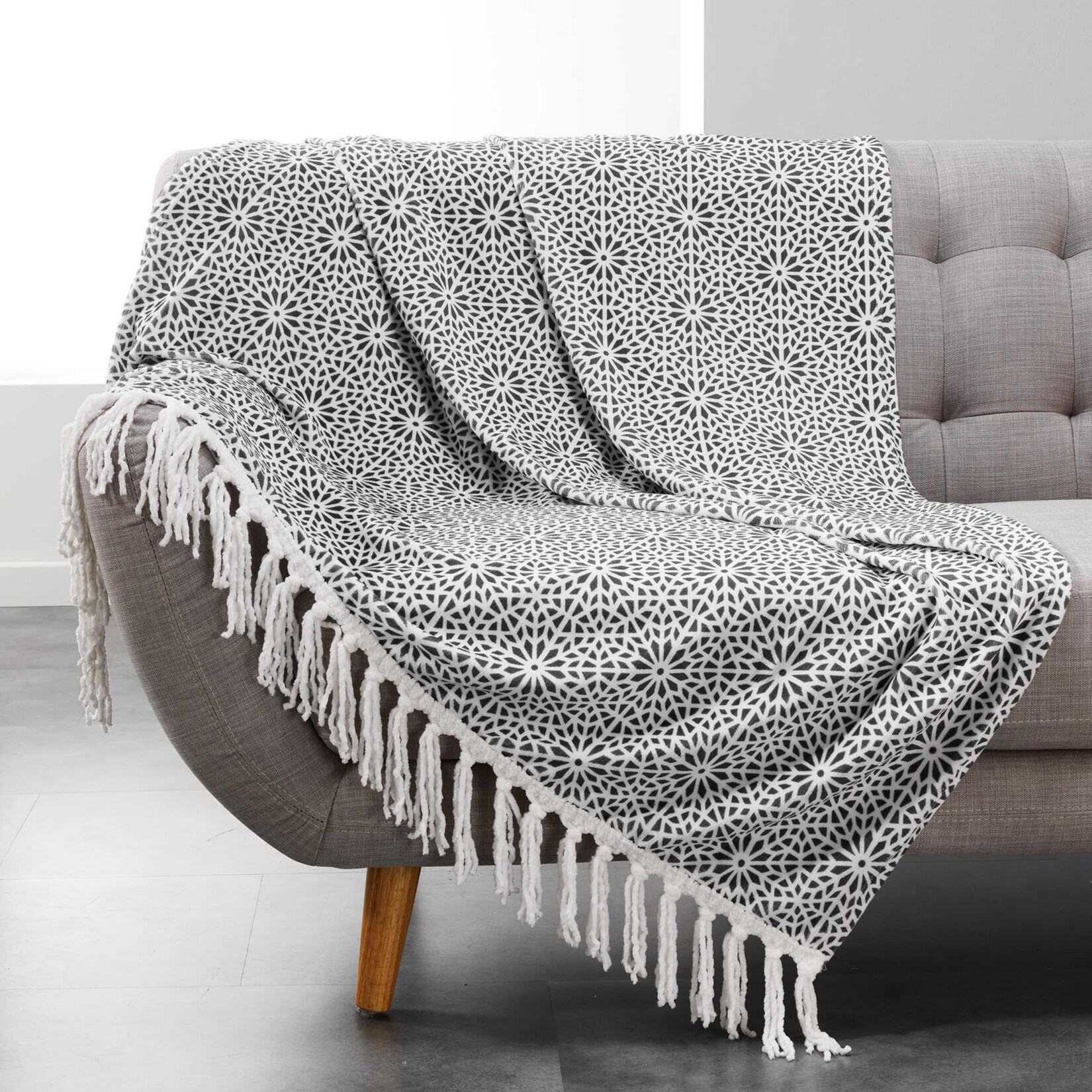 Boho Wohndecke 125×150 Tagesdecke Kuscheldecke Sofa Couch Decke Überwurf grau | 04059865088957