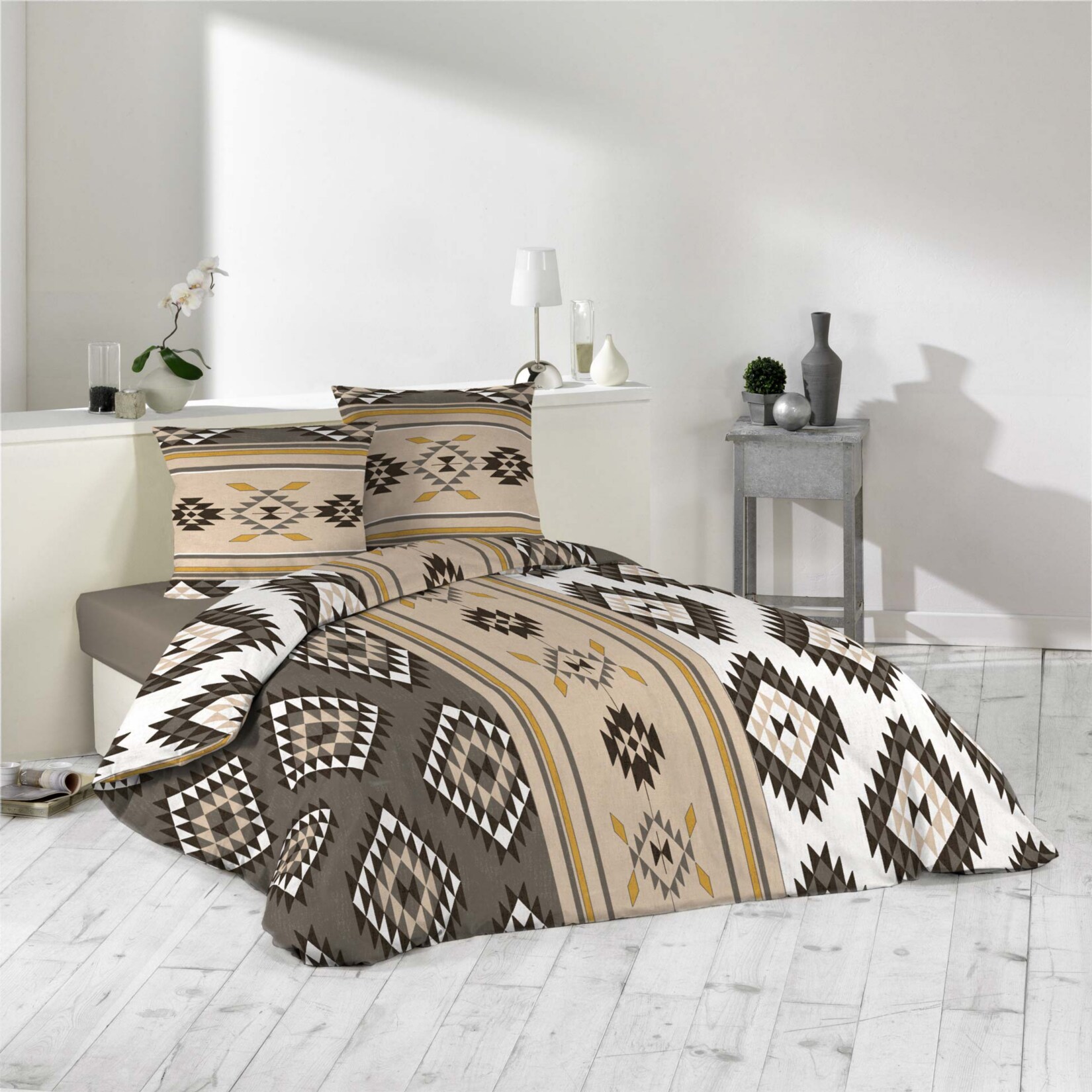 3tlg Bettwasche 240x220 Braun Azteken Muster Bettdecke Ubergrosse Bett King Size Online Kaufen Bei Netto