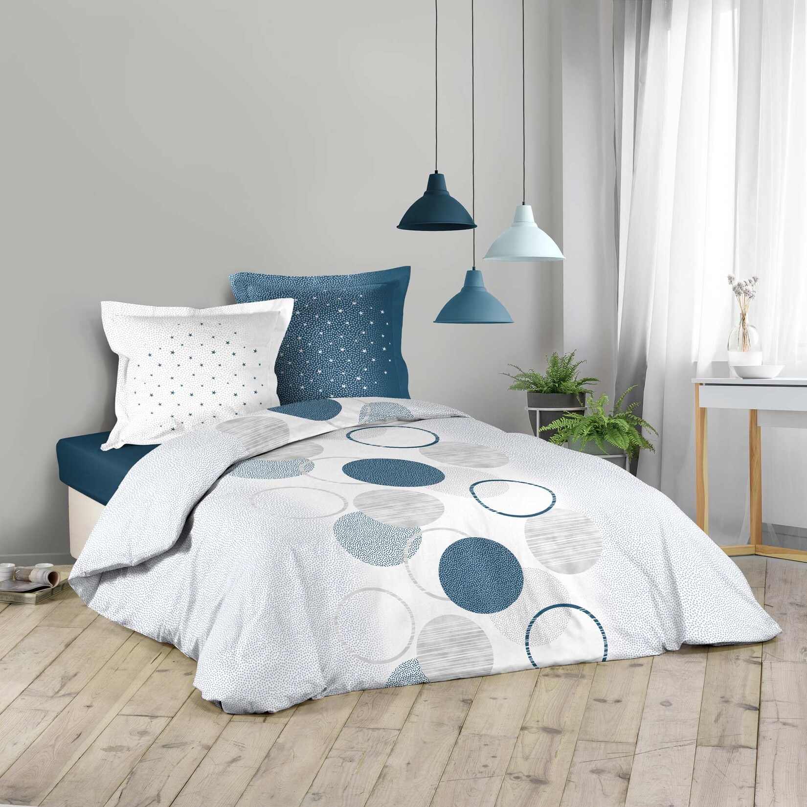 3tlg. Bettwäsche 240×220 Baumwolle Übergröße Bettdecke Kreise Bettbezug blau | 04059865099212