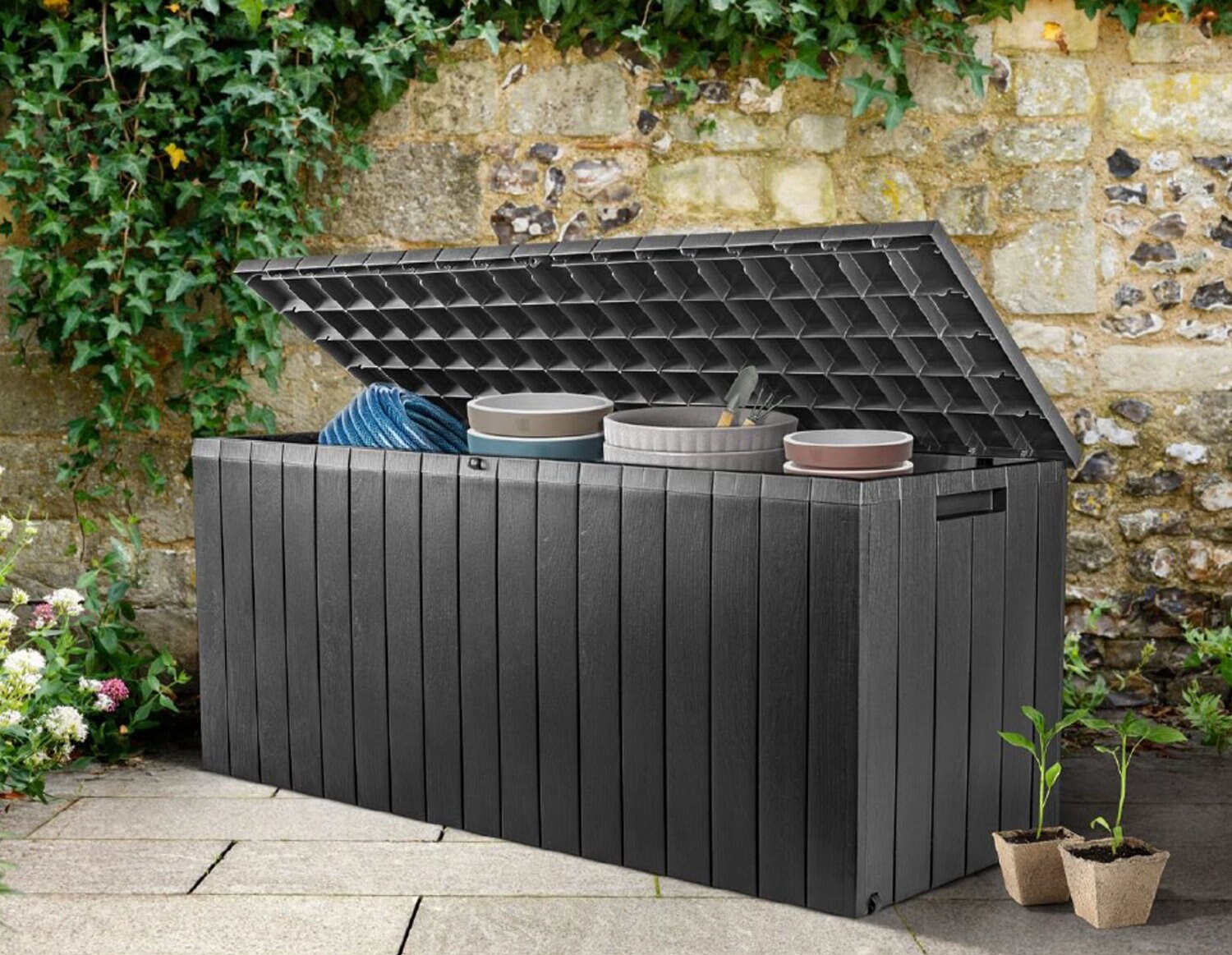 Rollen Auflagenbox 268L Holz Optik Gartenbox Auflagen Kissen Garten Box
