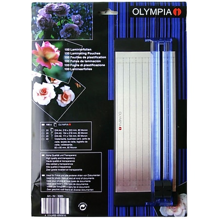 OLYMPIA Laminierfolien-Set mit DIN A5 Schneidelineal, 100 gemischte Folien, 80 Mikron - Bild 1
