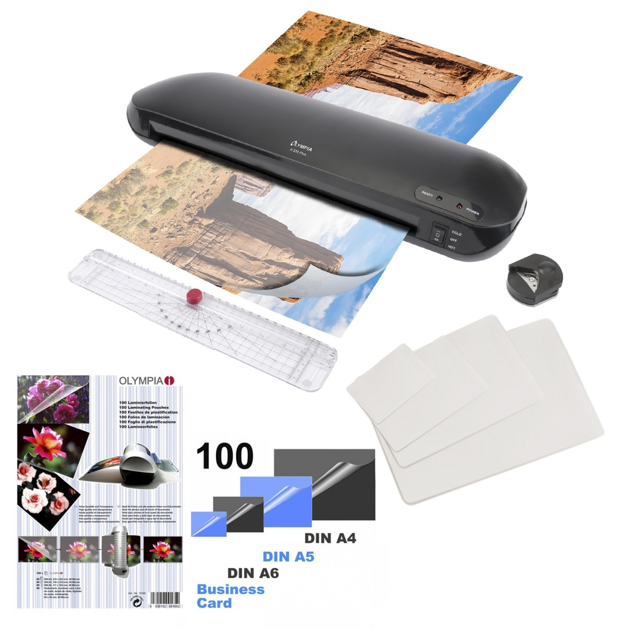 OLYMPIA A 330 Plus 4-in-1 Premium Laminierset mit Trimmer, Eckenrunder, bis DIN A3, 100 gemischte Folien - Bild 1