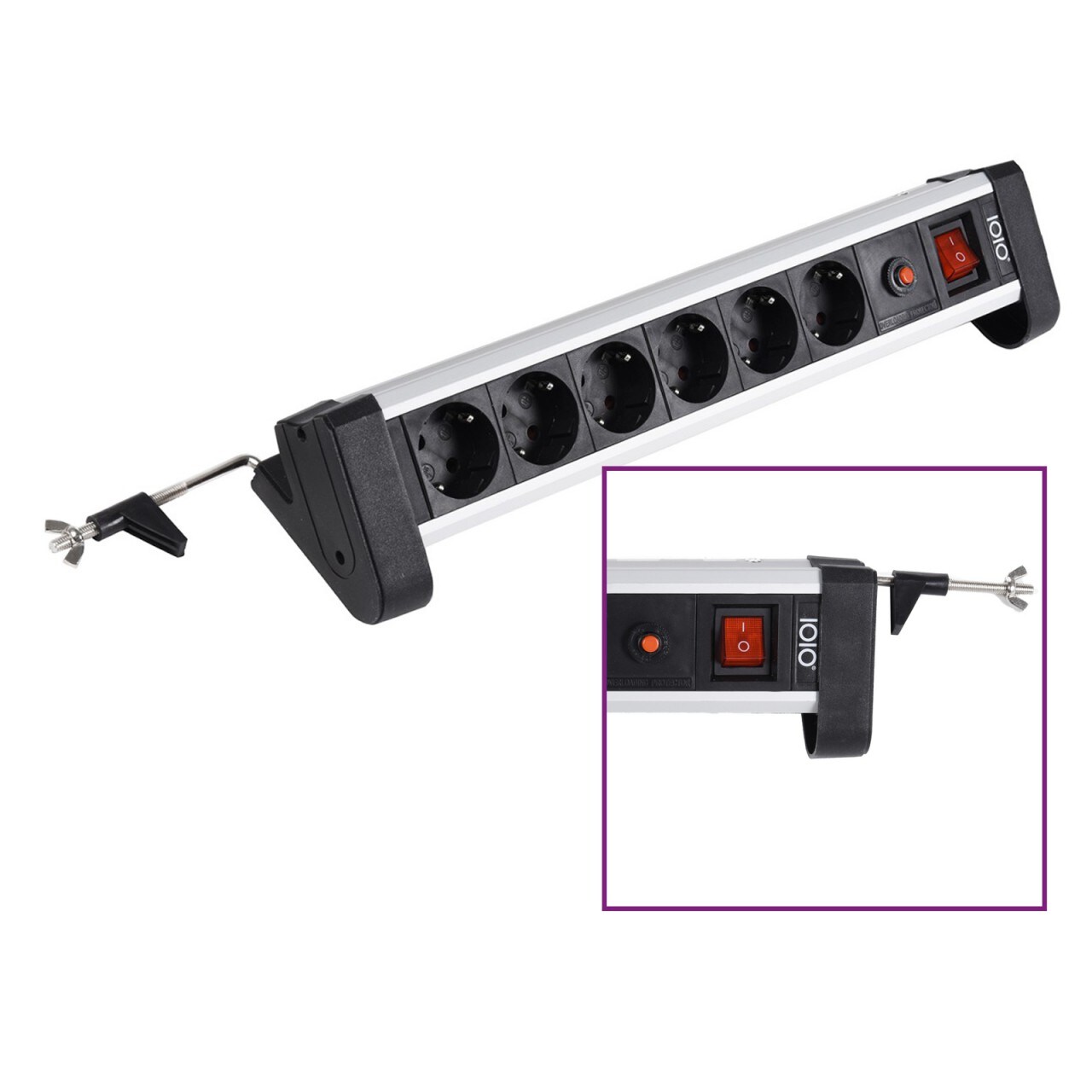 IOIO SL 2625S Aluminium 6-fach Tisch-Steckdosenleiste mit &Uuml;berlastschutz, Ein/Aus-Schalter und Schreibtischhalterung - Bild 1
