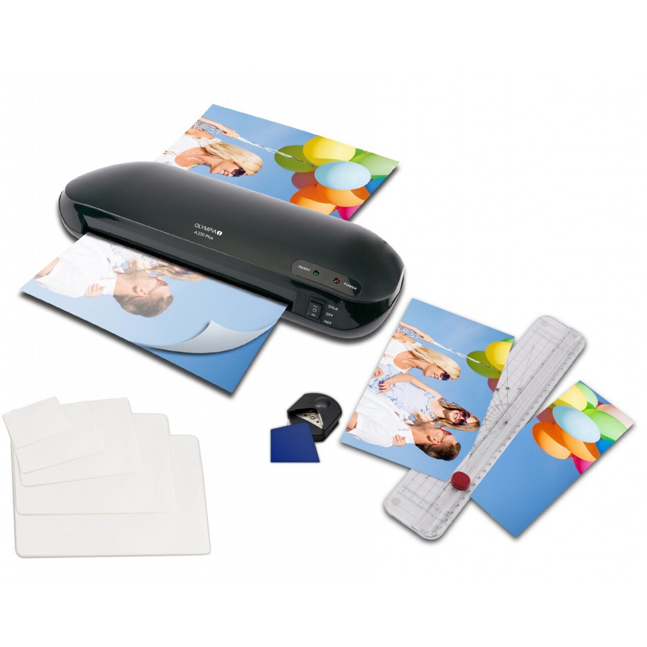 OLYMPIA A 230 Plus 4-in-1 Premium Laminierset mit Trimmer, Eckenrunder, bis DIN A4, 15 gemischte Folien | 04030152031290