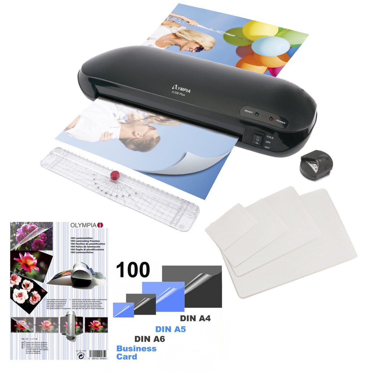 OLYMPIA A 230 Plus 4-in-1 Premium Laminierset mit Trimmer, Eckenrunder, bis DIN A4, 100 gemischte Folien | 04004721653046