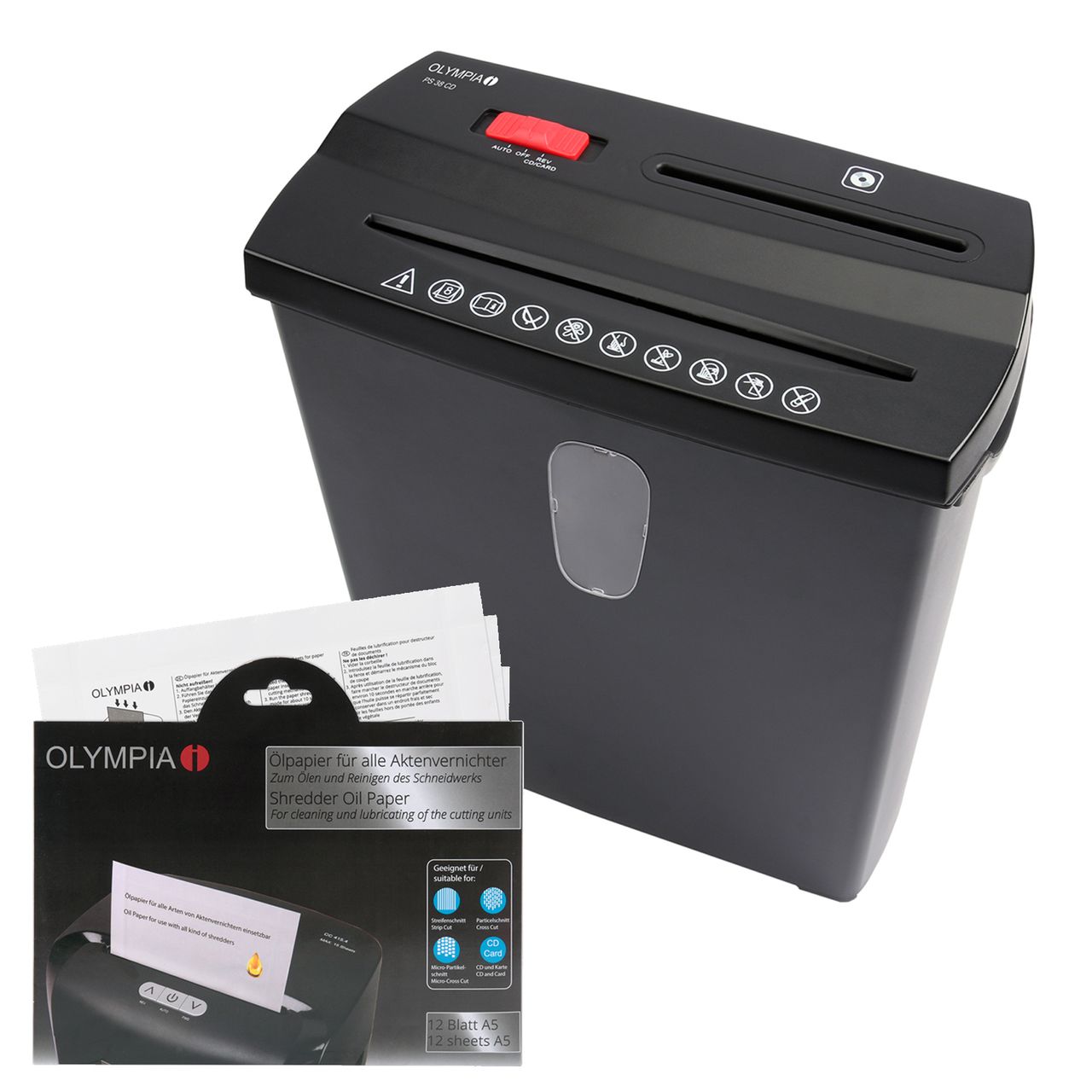 OLYMPIA PS 38 CD Aktenvernichter im SET mit &Ouml;lpapier f&uuml;r Papier, CDs und Kreditkarten - Bild 1