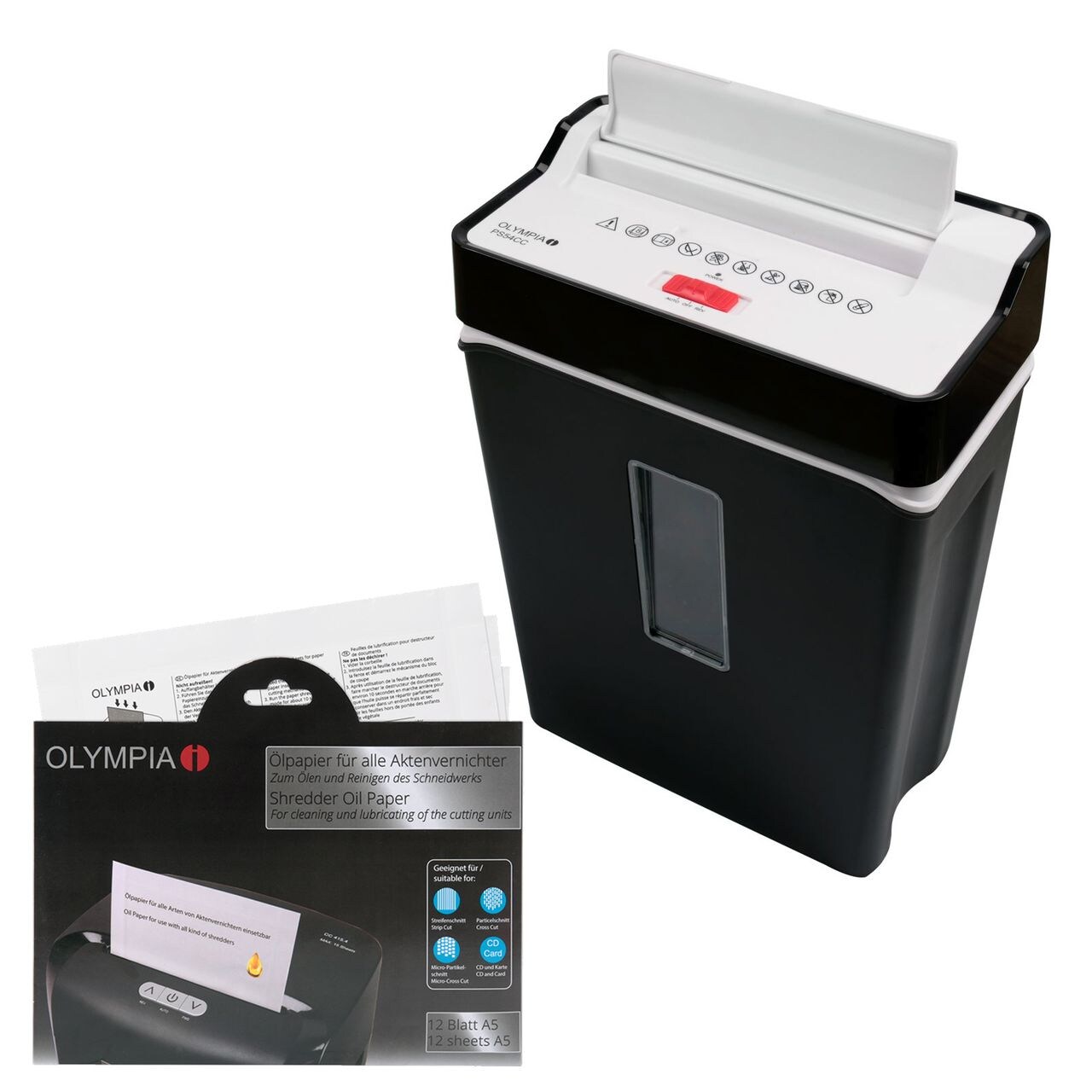 OLYMPIA PS 54CC im Set mit Ölpapier Partikelschnitt Aktenvernichter, Schwarz | 04030152950768