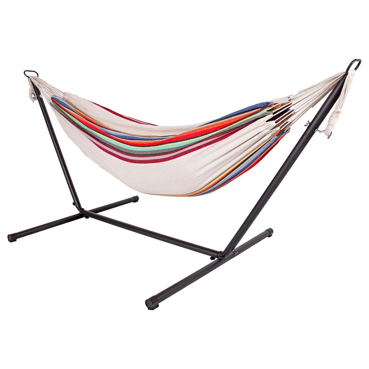 LEX Doppel H&auml;ngematte bunt wei&szlig; beige rot gestreift Stahlgestell - Bild 1