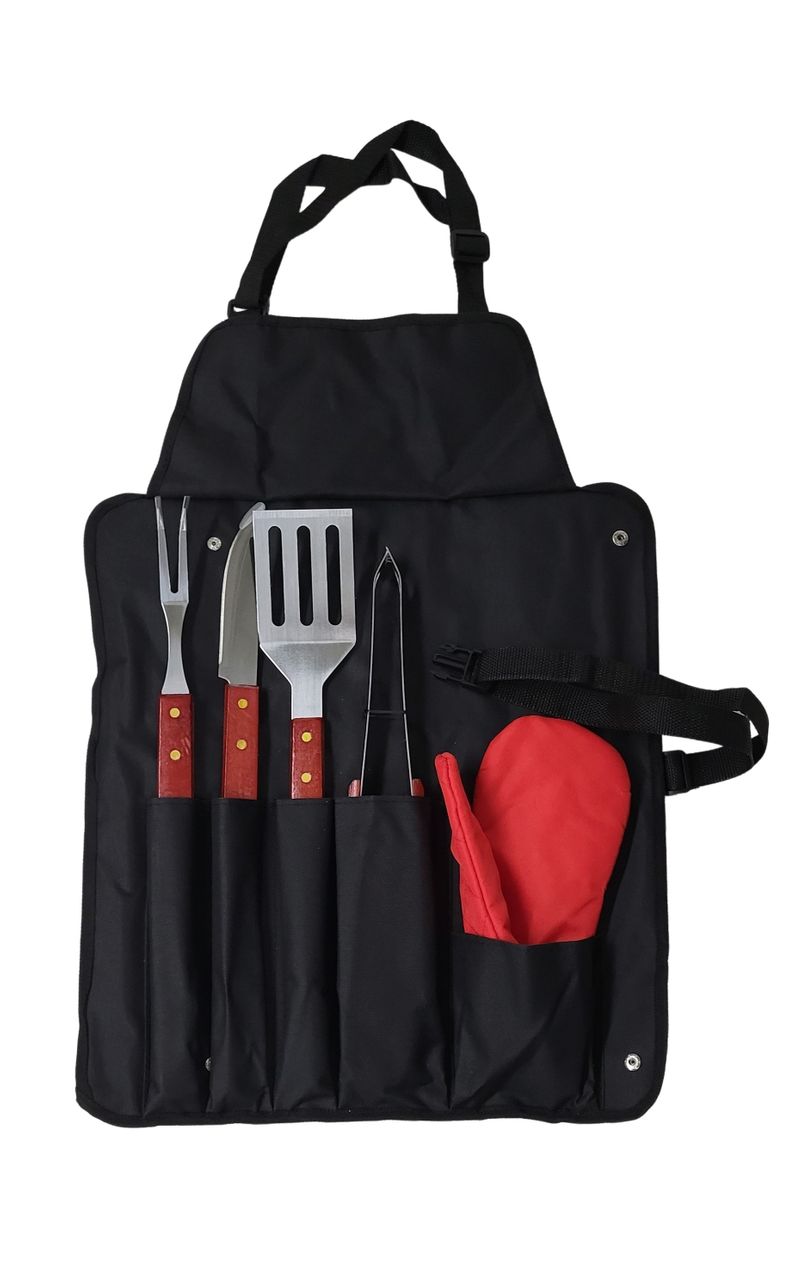 Grillbesteck-Set Edelstahl mit Sch&uuml;rze Gabel Messer Wender Zange Handschuh - Bild 1