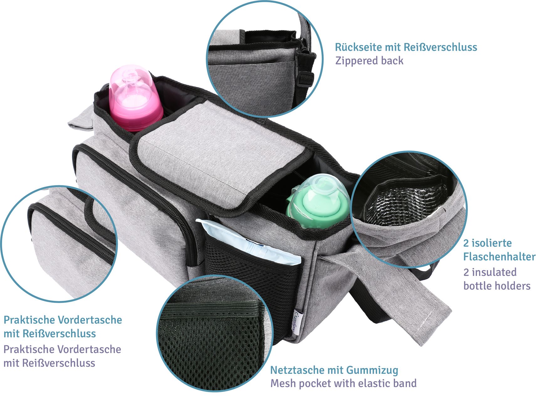 Kinderwagen Organizer Buggy 2 Getr&auml;nkehalter Aufbewahrung f&uuml;r Windeln Spielzeug - Bild 1