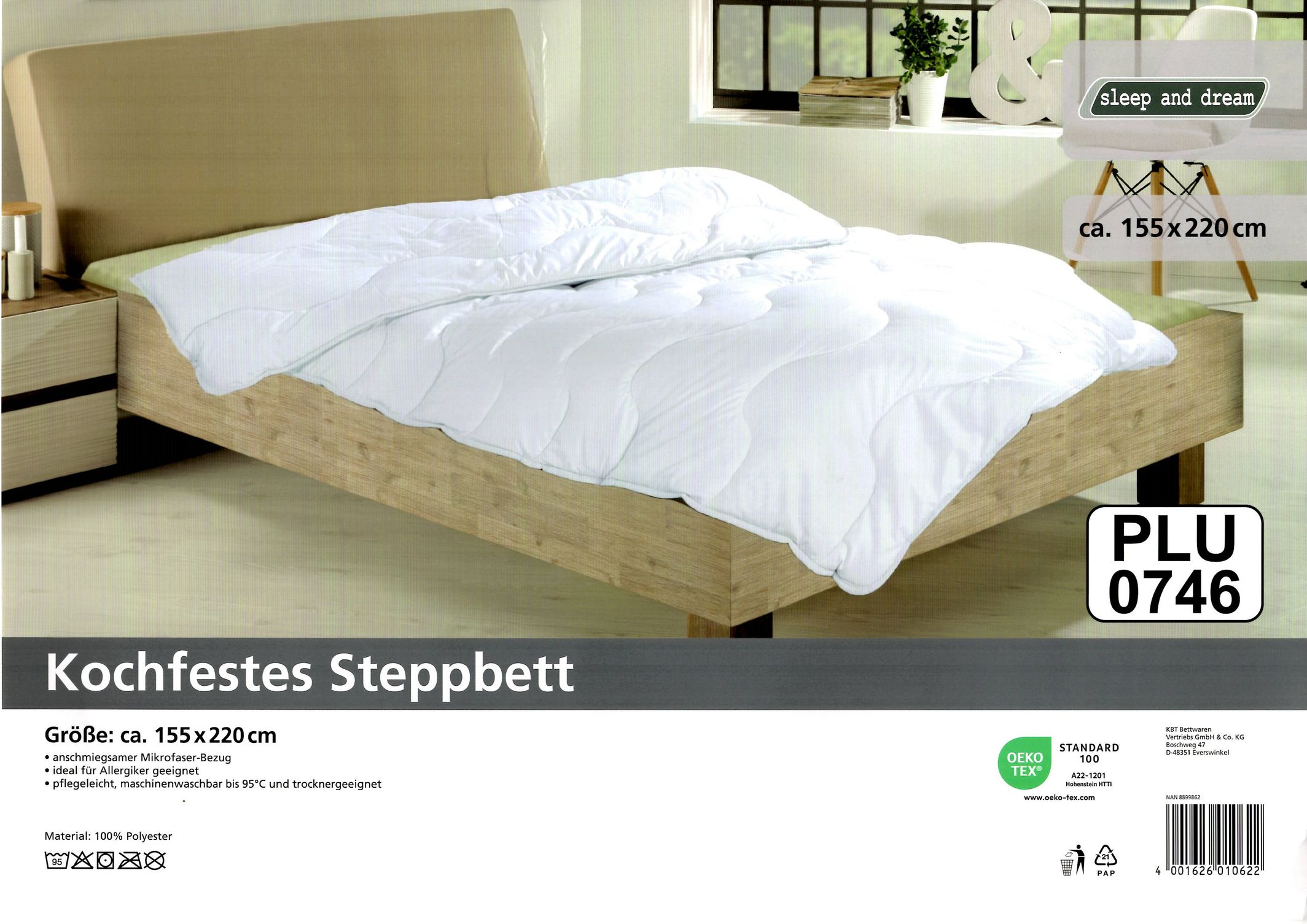 Kochfestes Steppbett 155 cm x 220 cm &Uuml;bergr&ouml;&szlig;e Microfaser Allergiker geeignet - Bild 1