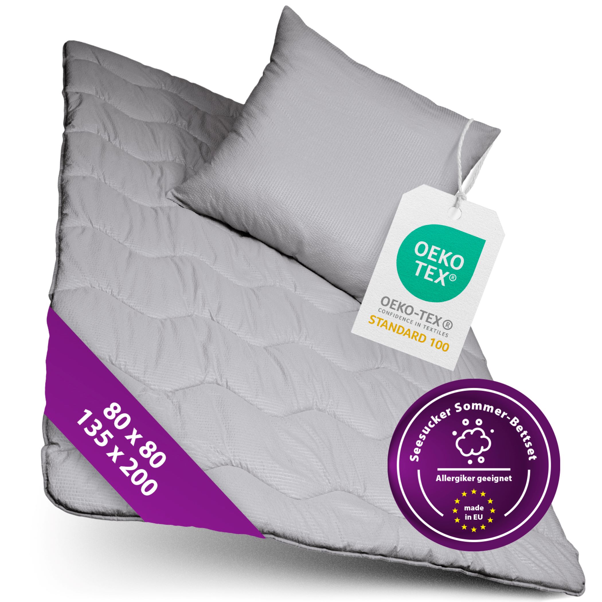 Premium 2-in-1 Seersucker Betten Set Decke 135x200 cm Kissen 80x80 cm kein Bezug n&ouml;tig - Bild 1