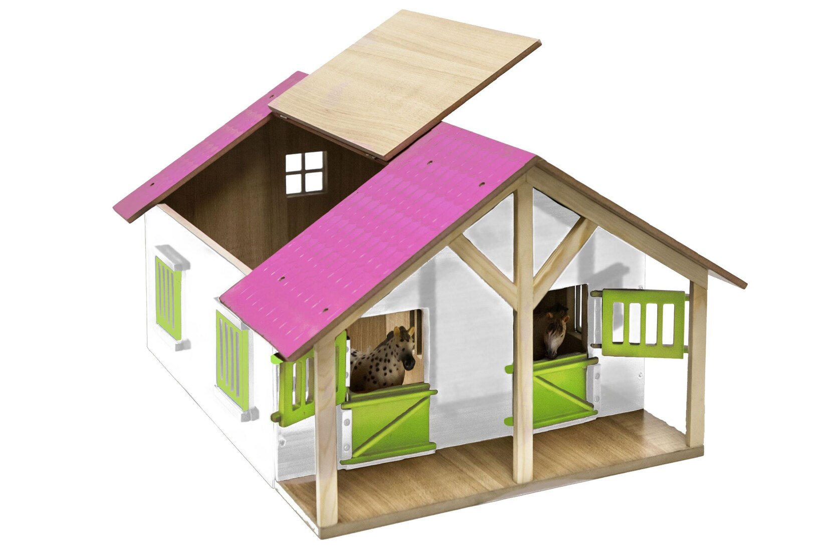 Kids Globe Farming Pferde Stall aus Holz 1:24, mit Werkstatt, Dach+Tür beweglich
