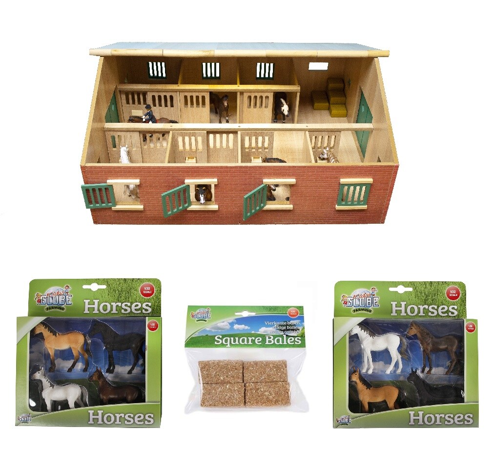 Kids Globe Pferdestall Set Stall aus Holz mit 7 Boxen, 4 Pferde, 4 Heuballen - Bild 1