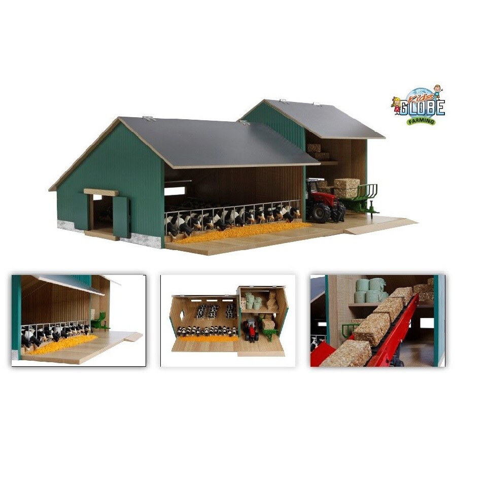 Van Manen Kids Globe Farming Kuh Stall mit Werkstatt 1:32 Holz ohne Tiere 610200 | 08713219349694
