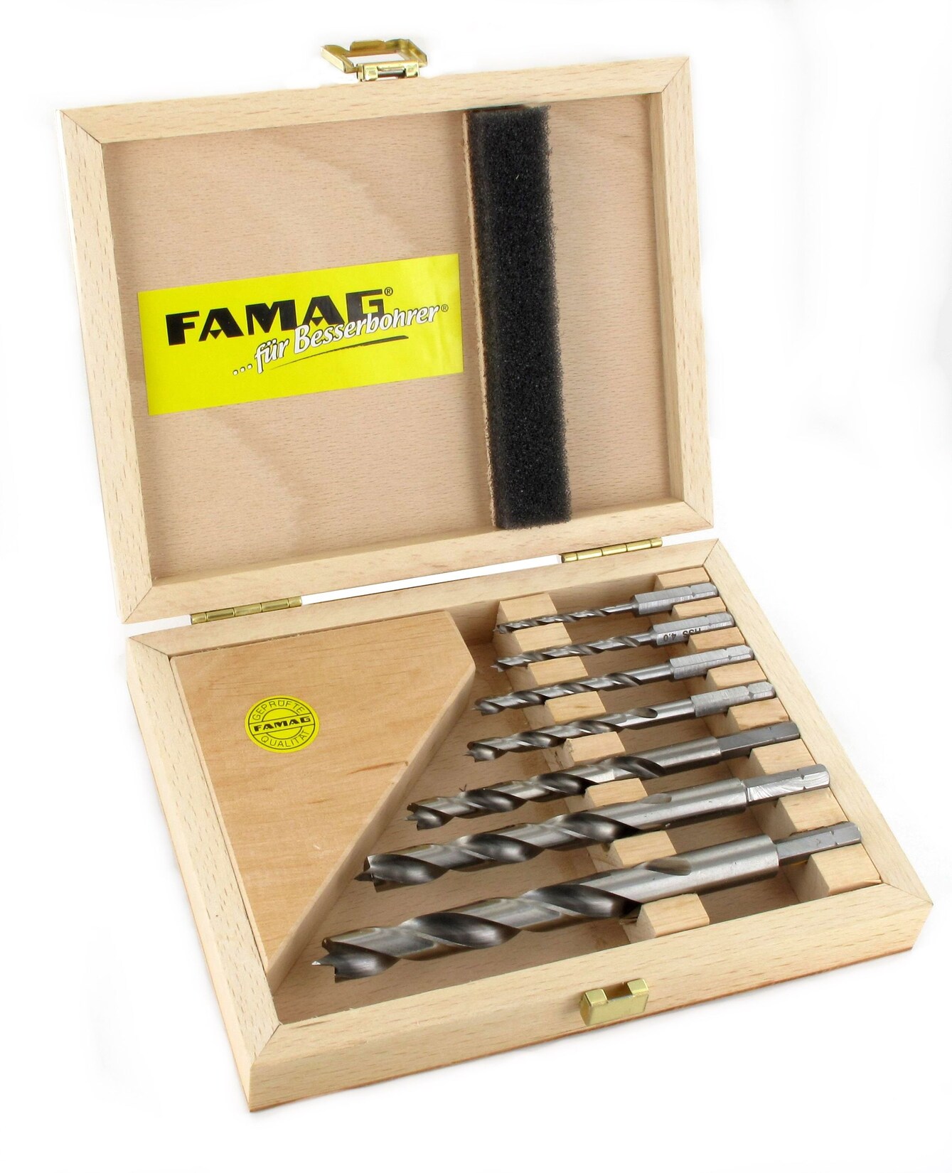 Famag Spiralbohrer Set für Holz, 7-teilig, HSS-G, 3-12 mm, Holz-Box, Holzbohrer