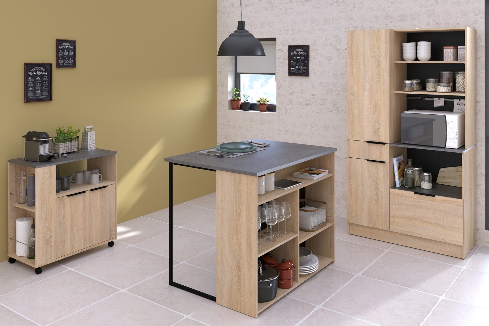 Parisot Küchenbuffet Set „Fumay 3“ Eiche / Betonoptik | 03480940301134