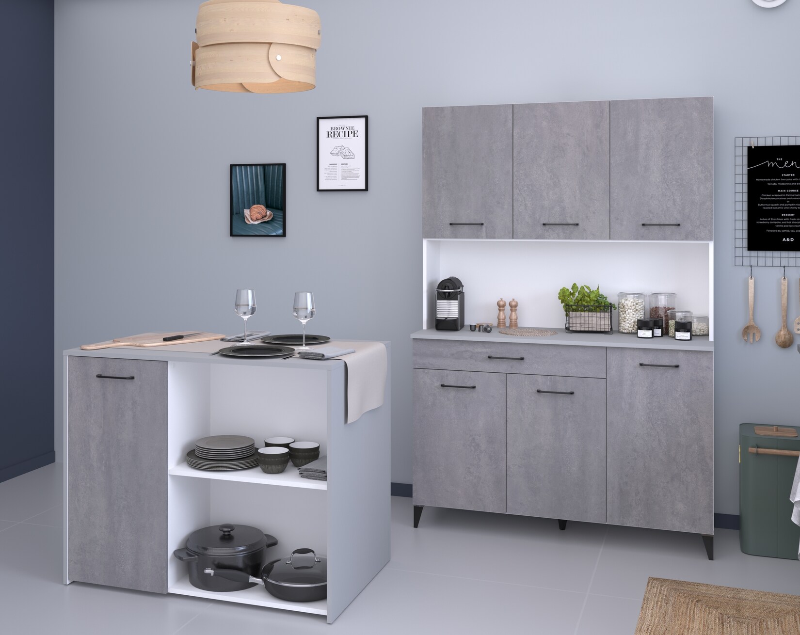 Parisot Küchenbuffet-Set „Malice 4“ Weiß / Beton Optik hell | 03480940301004