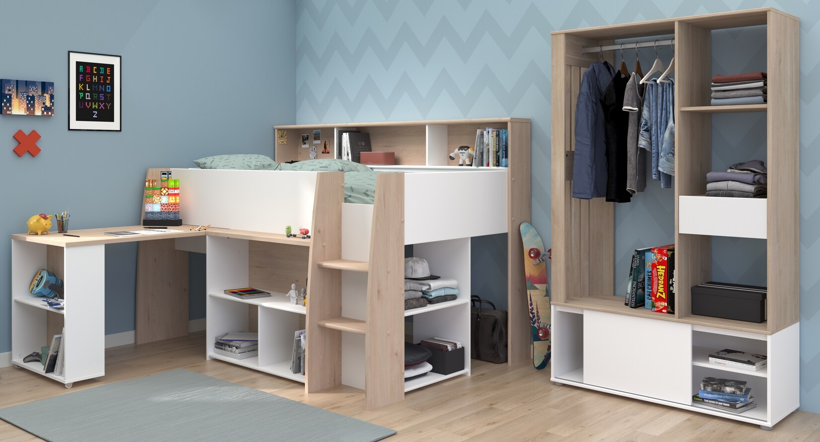 Parisot Kinderzimmer Set 2-tlg. „Lucas 11“ Weiß / Japanische Eiche | 03480940302865