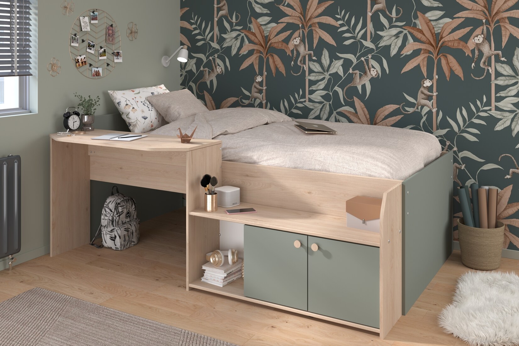 Parisot Halbhohes Hochbett „Jade 1“ Seladon Grün  / Jackson-Eiche | 03480940304005
