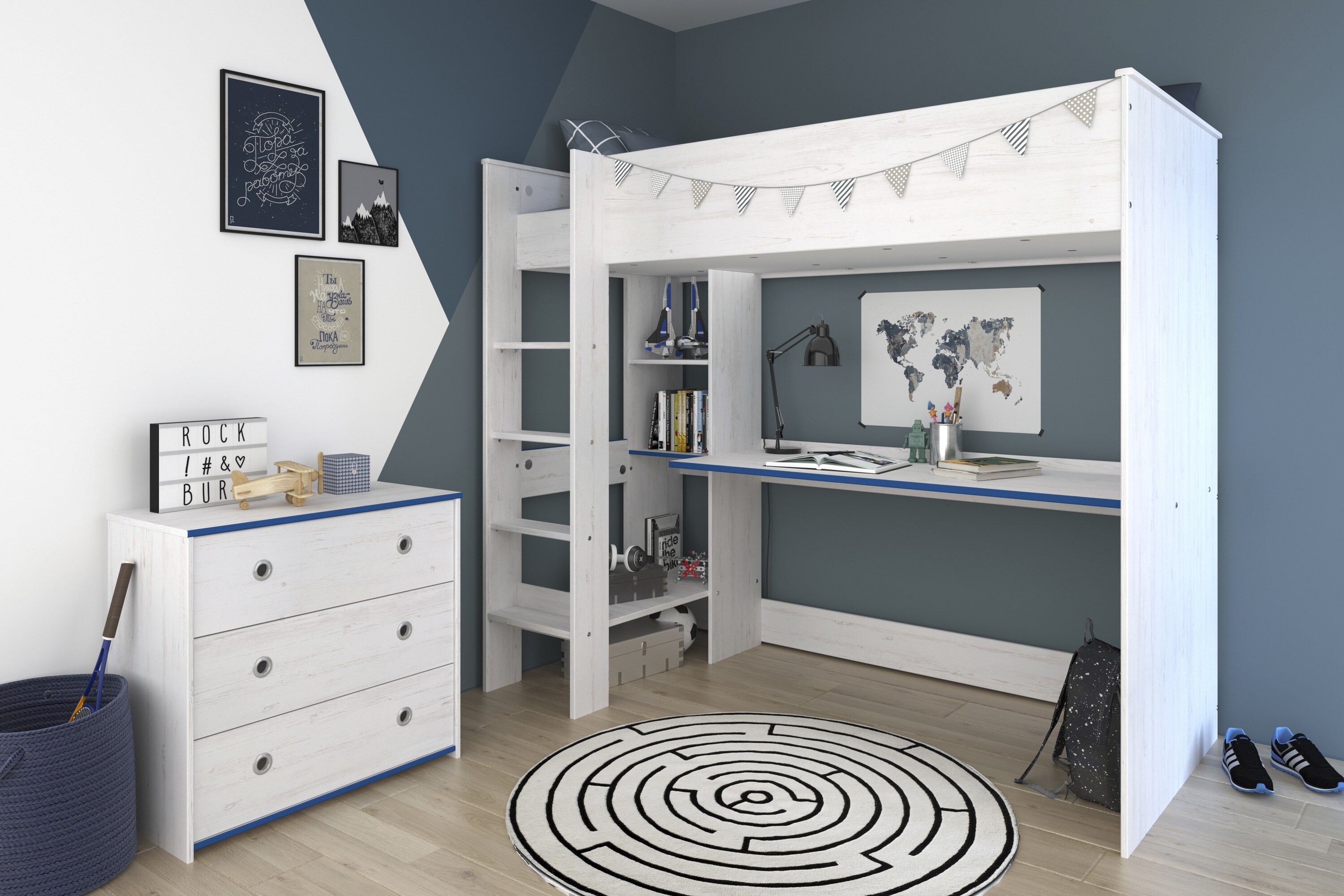 Parisot Hochbett extra hoch, mit Kommode, "Smoozy", Blau/Pink - Bild 1