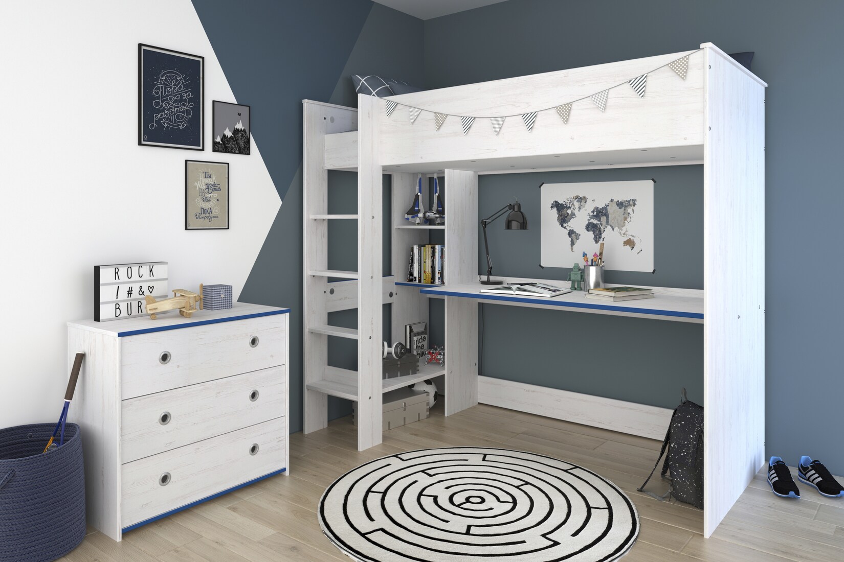 Parisot Hochbett extra hoch, mit Kommode, „Smoozy“, Blau/Pink | 03480940291848
