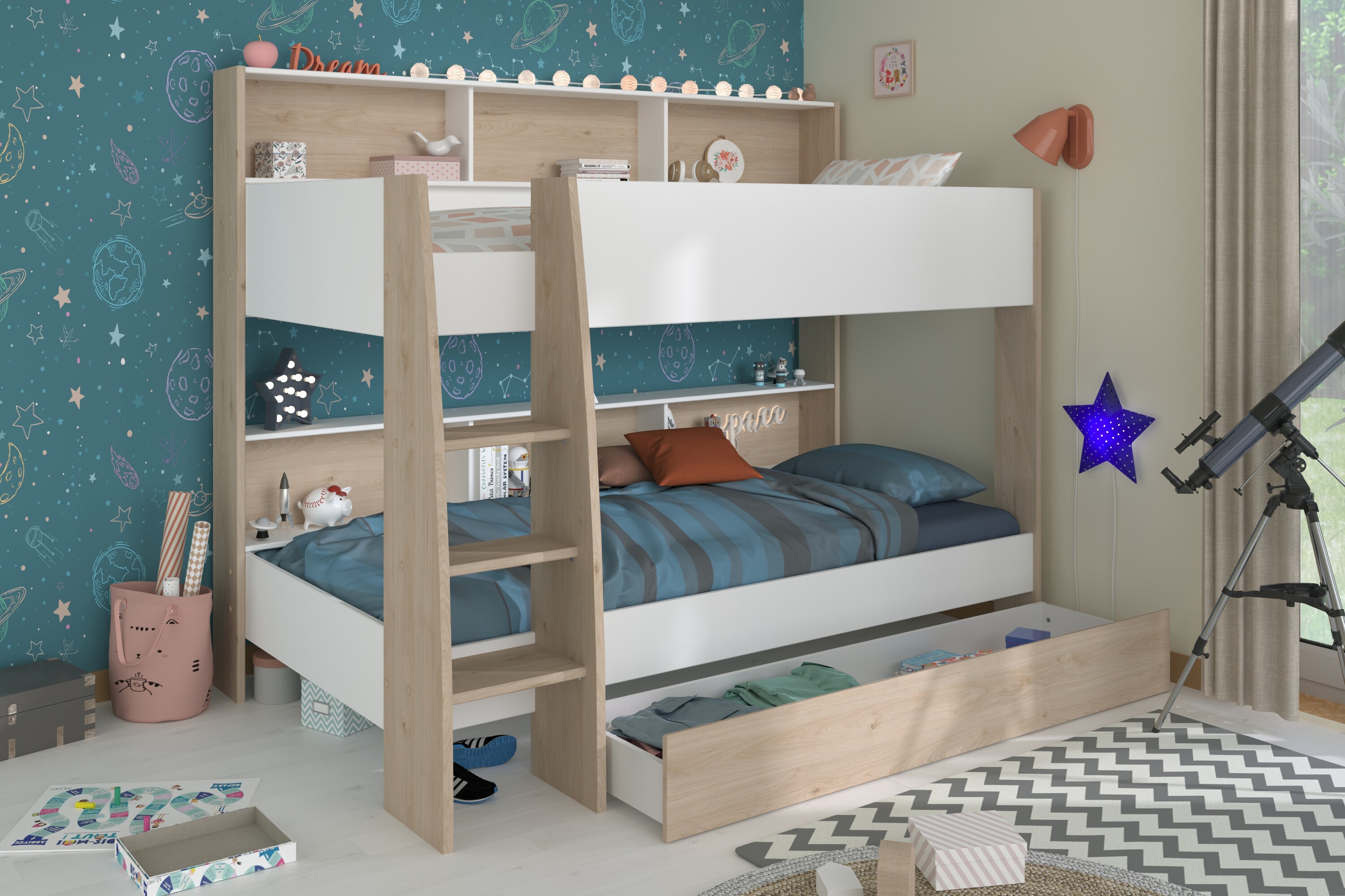 Parisot Etagenbett mit Bettschubkasten "Shelter 12" Jackson-Eiche - Wei&szlig; - Bild 1