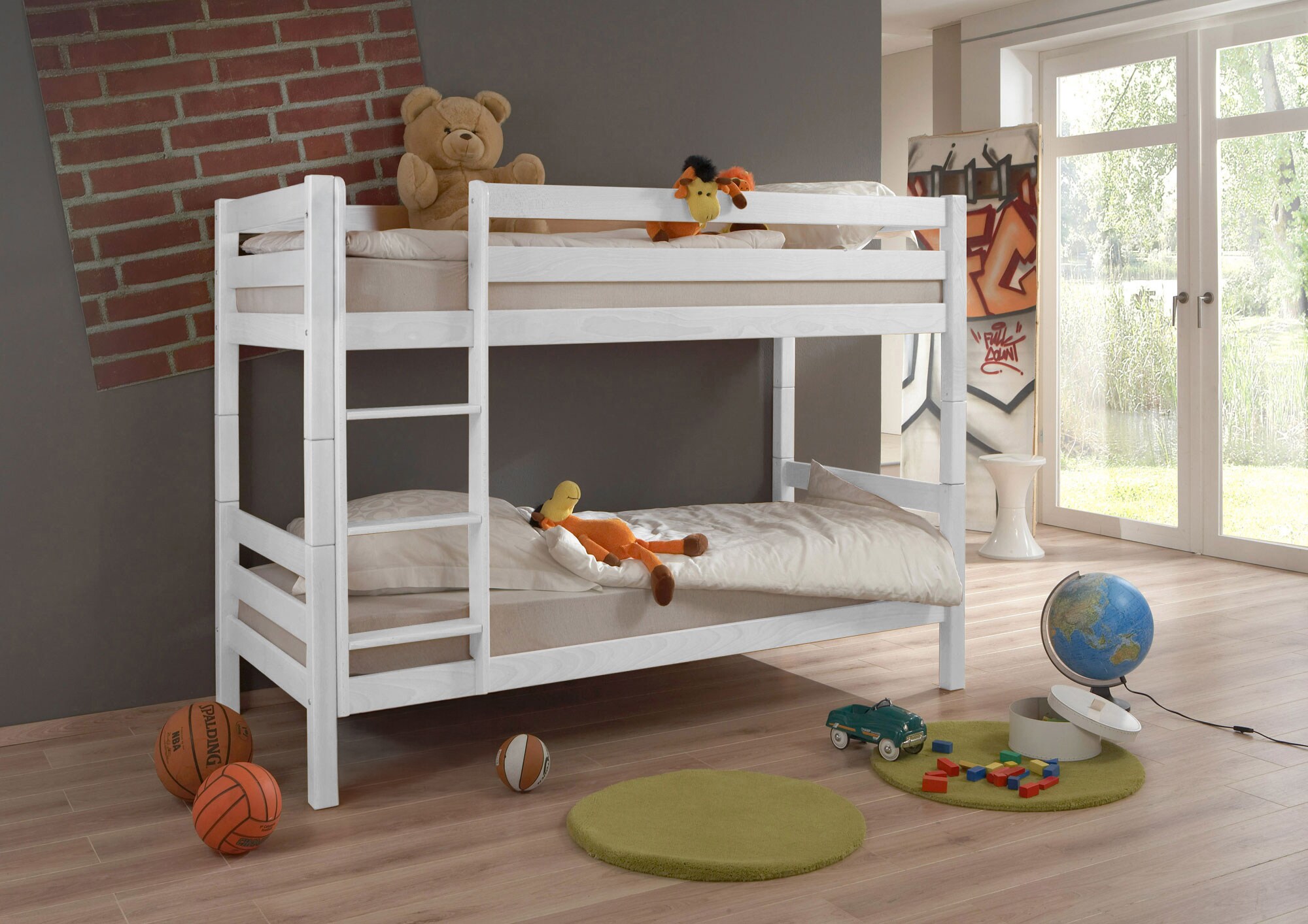 TiCAA TiCAA Etagenbett, Kinderbett, Stockbett Funktionsbett f&uuml;r Kinder mit Treppe & Zwei Liegefl&auml;chen teilbar aus Buche Massivholz wei&szlig; Bettgestell 90 x 200 - Bild 1