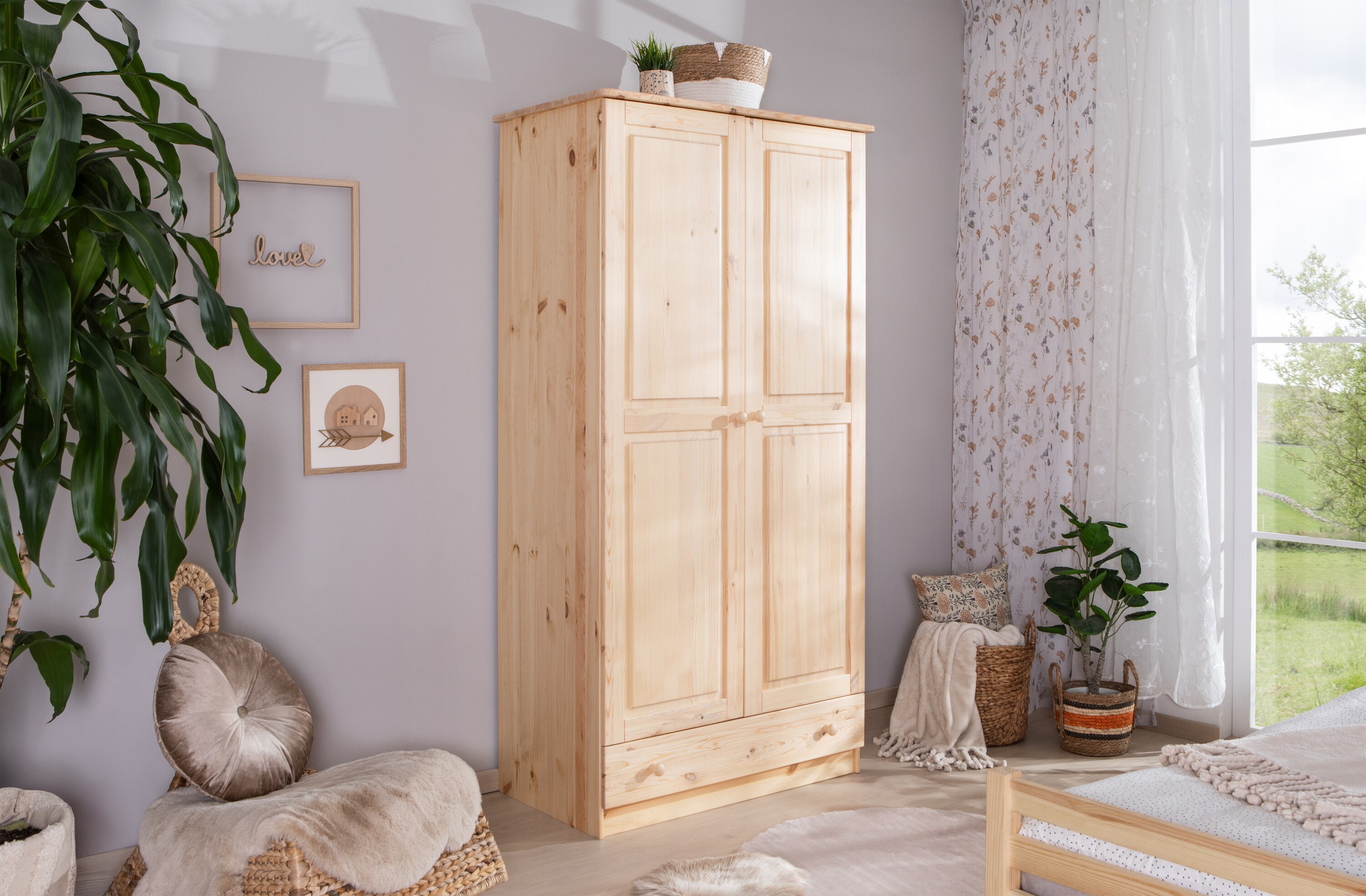 TiCAA Kleiderschrank 2-t&uuml;rig Moritz Kiefer massiv - Bild 1