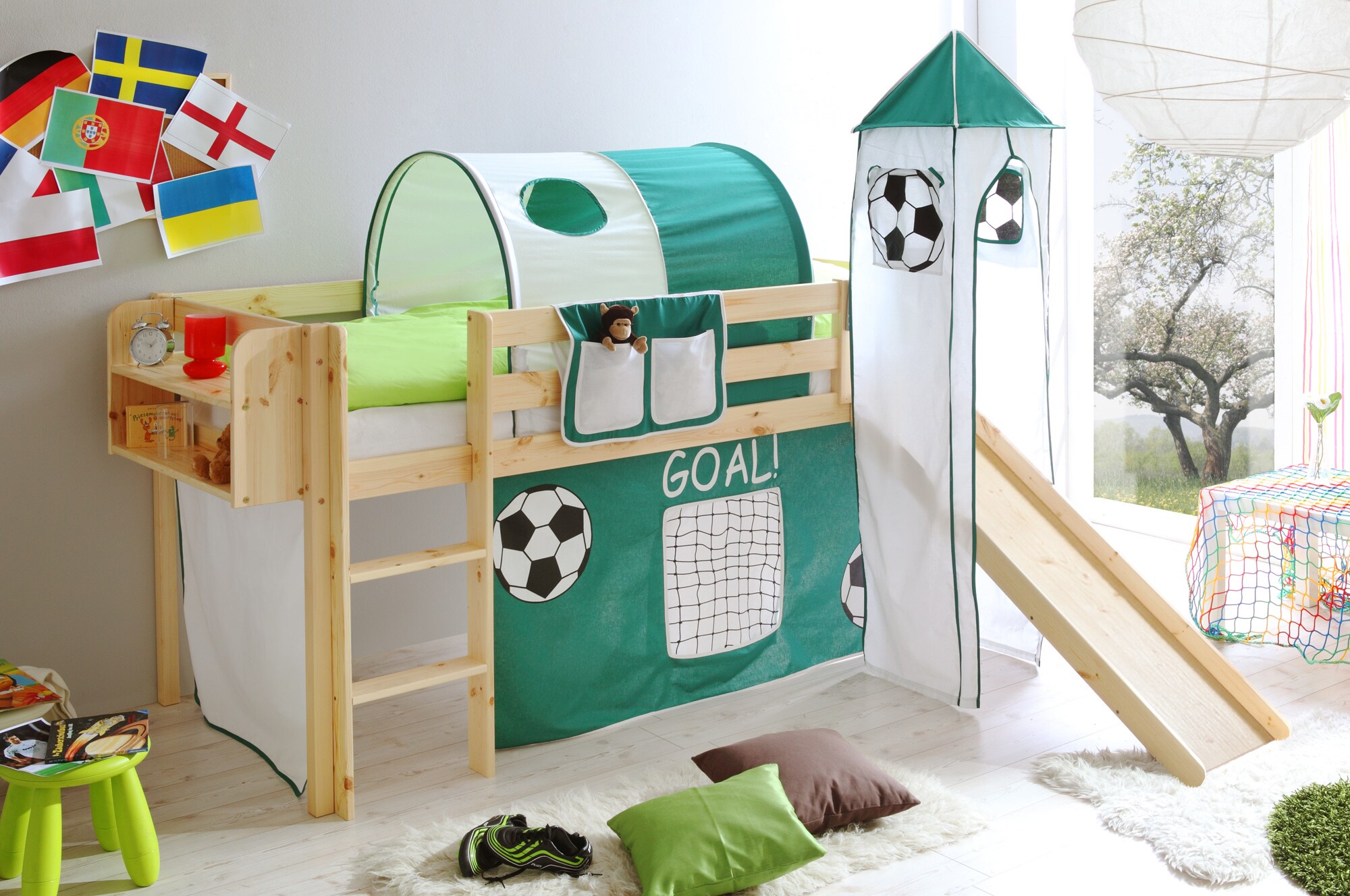 TiCAA Rutschbett mit Turm "Kasper" Kiefer Natur GOAL inkl. Vorhang - Bild 1