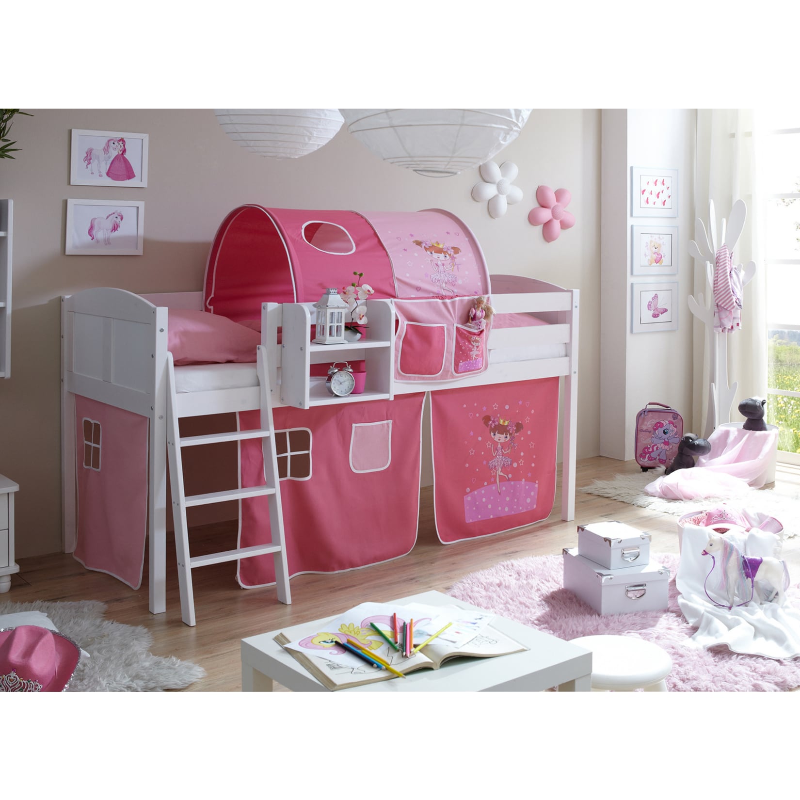 TiCAA Hochbett "Eric" Country Kiefer Wei&szlig; Motiv - Bild 1