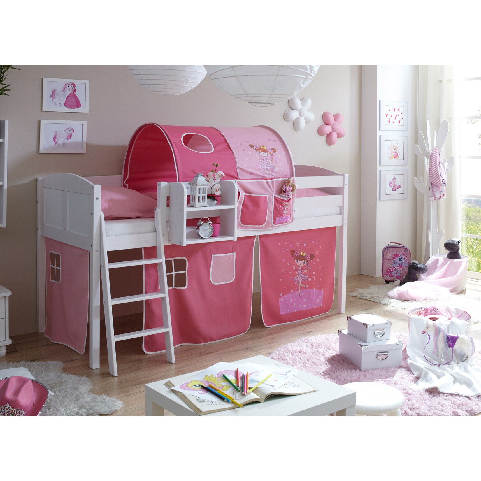 TiCAA Hochbett „Eric“ Country Kiefer Weiß Motiv | 04250393875518