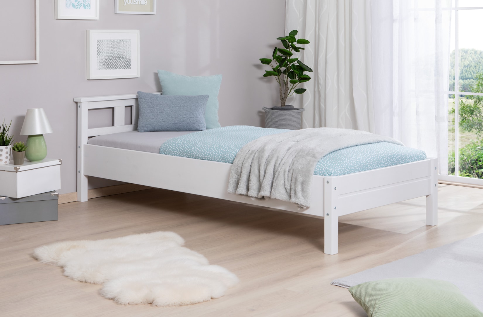TiCAA Einzelbett und Doppelbett Merci Kiefer Weiß