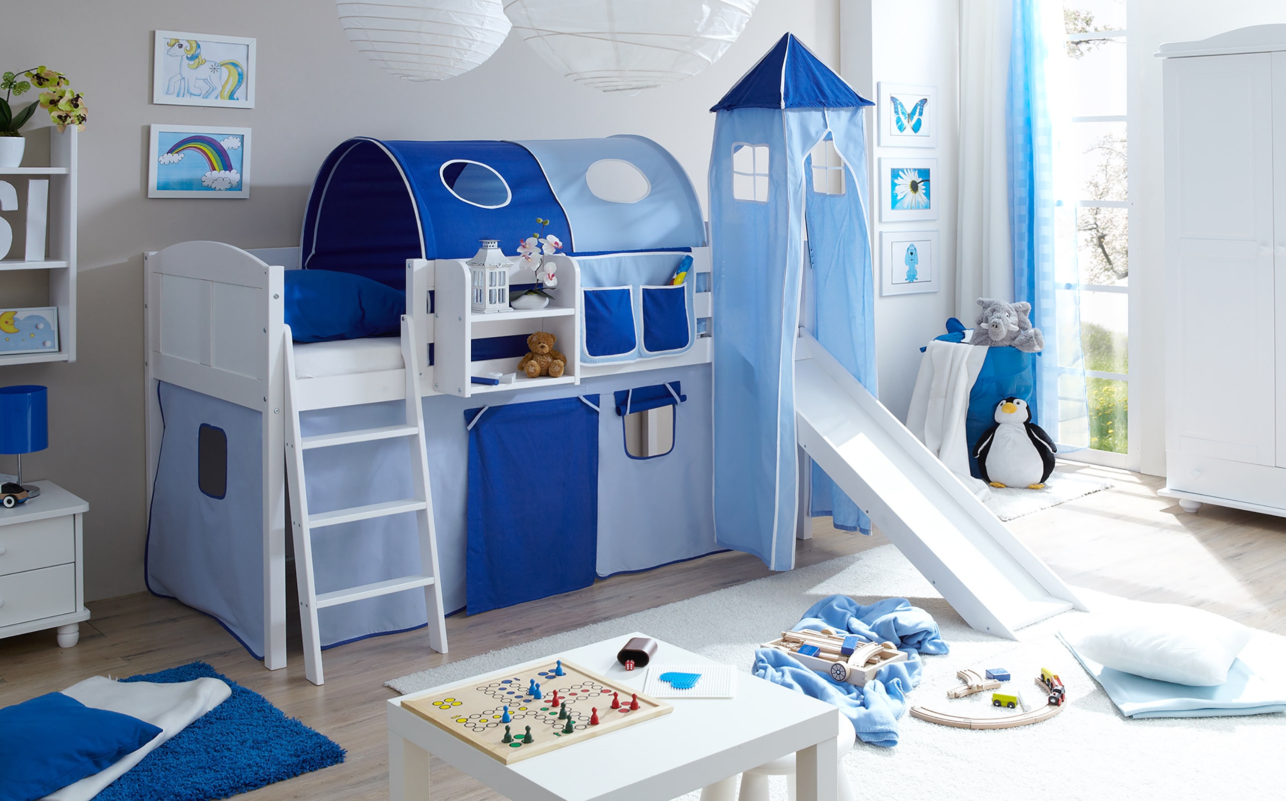 TiCAA Hochbett mit Rutsche Rutschbett mit Turm "Ekki" Country Kiefer Wei&szlig; Classic - Bild 1