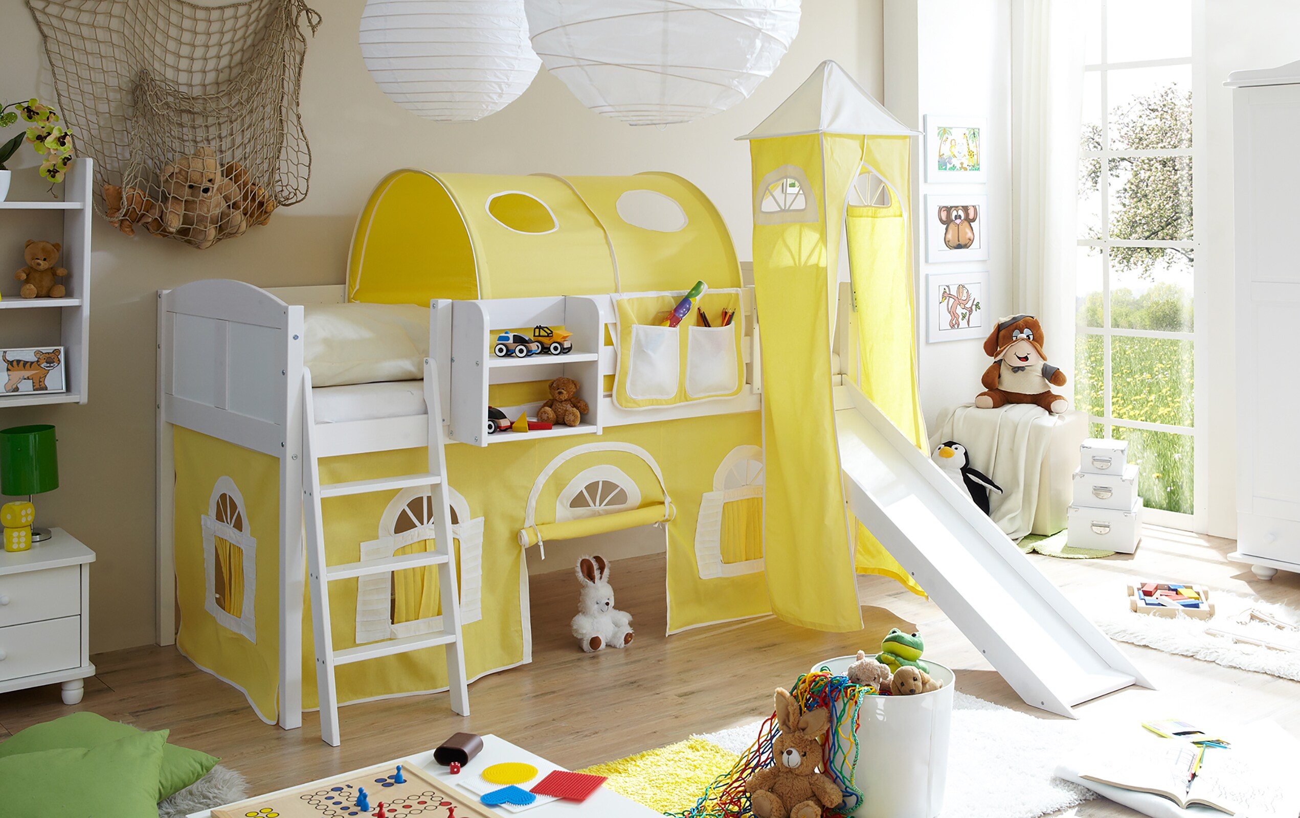 TiCAA Hochbett mit Rutsche Rutschbett mit Turm "Ekki" Country Kiefer Wei&szlig; Classic - Bild 1