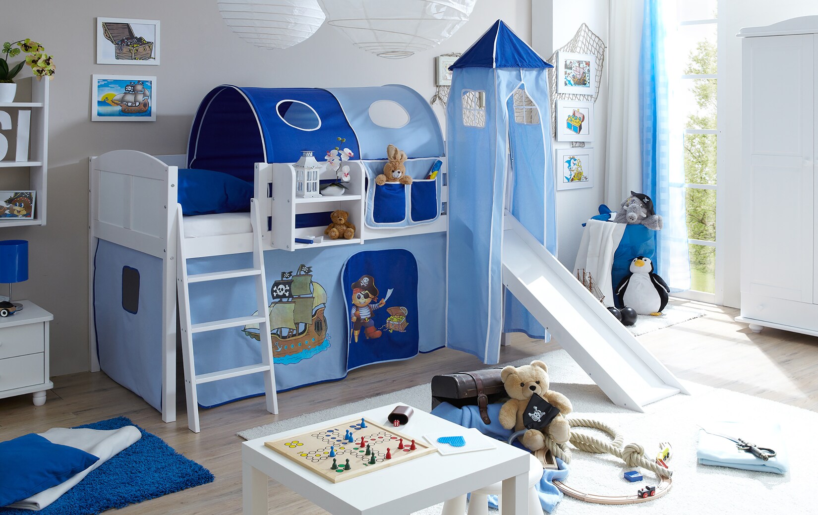 TiCAA Hochbett mit Rutsche Rutschbett mit Turm „Ekki“ Country Kiefer Weiß Motiv | 04250393880055