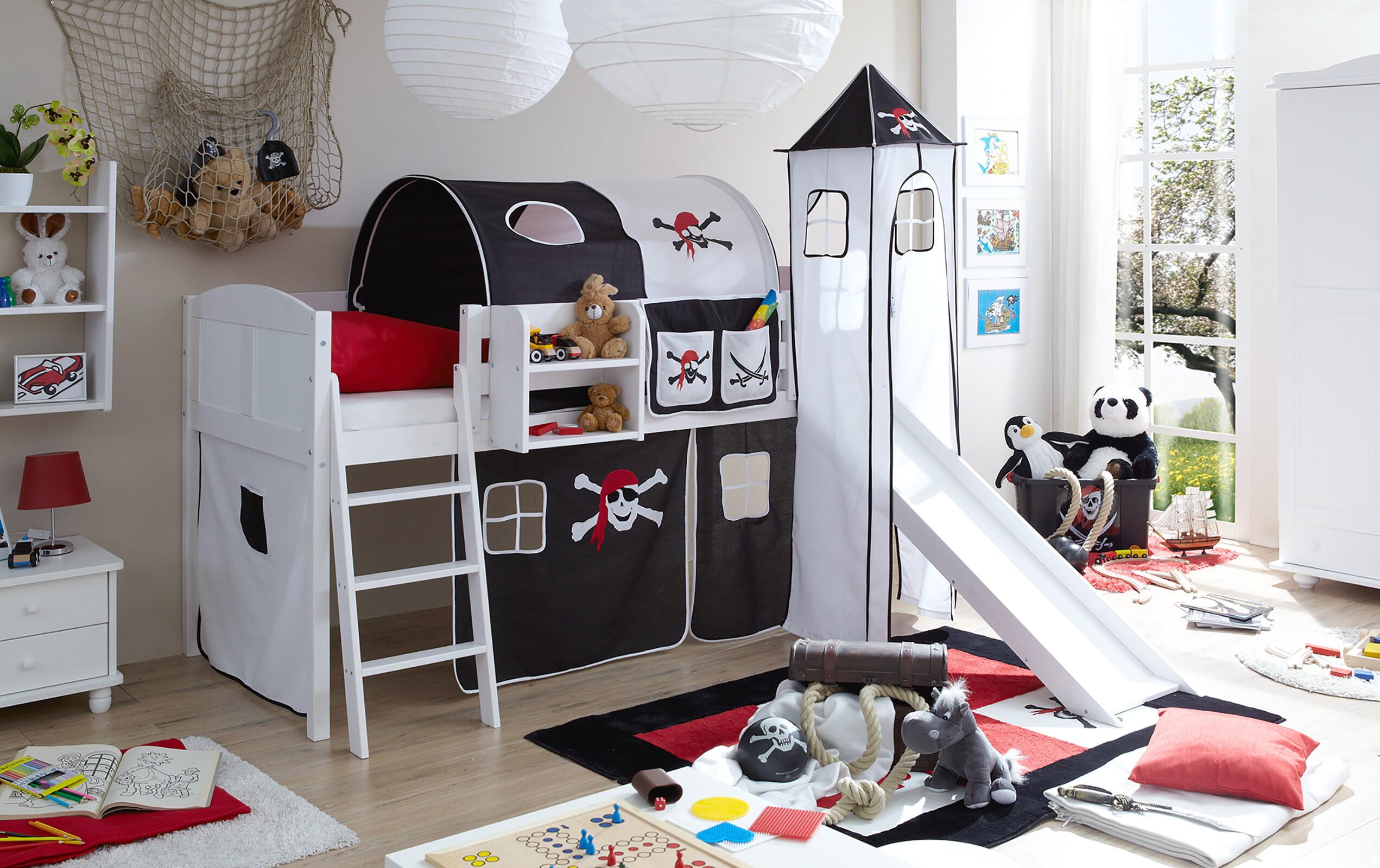 TiCAA Hochbett mit Rutsche Rutschbett mit Turm "Ekki" Country Kiefer Wei&szlig; Motiv - Bild 1