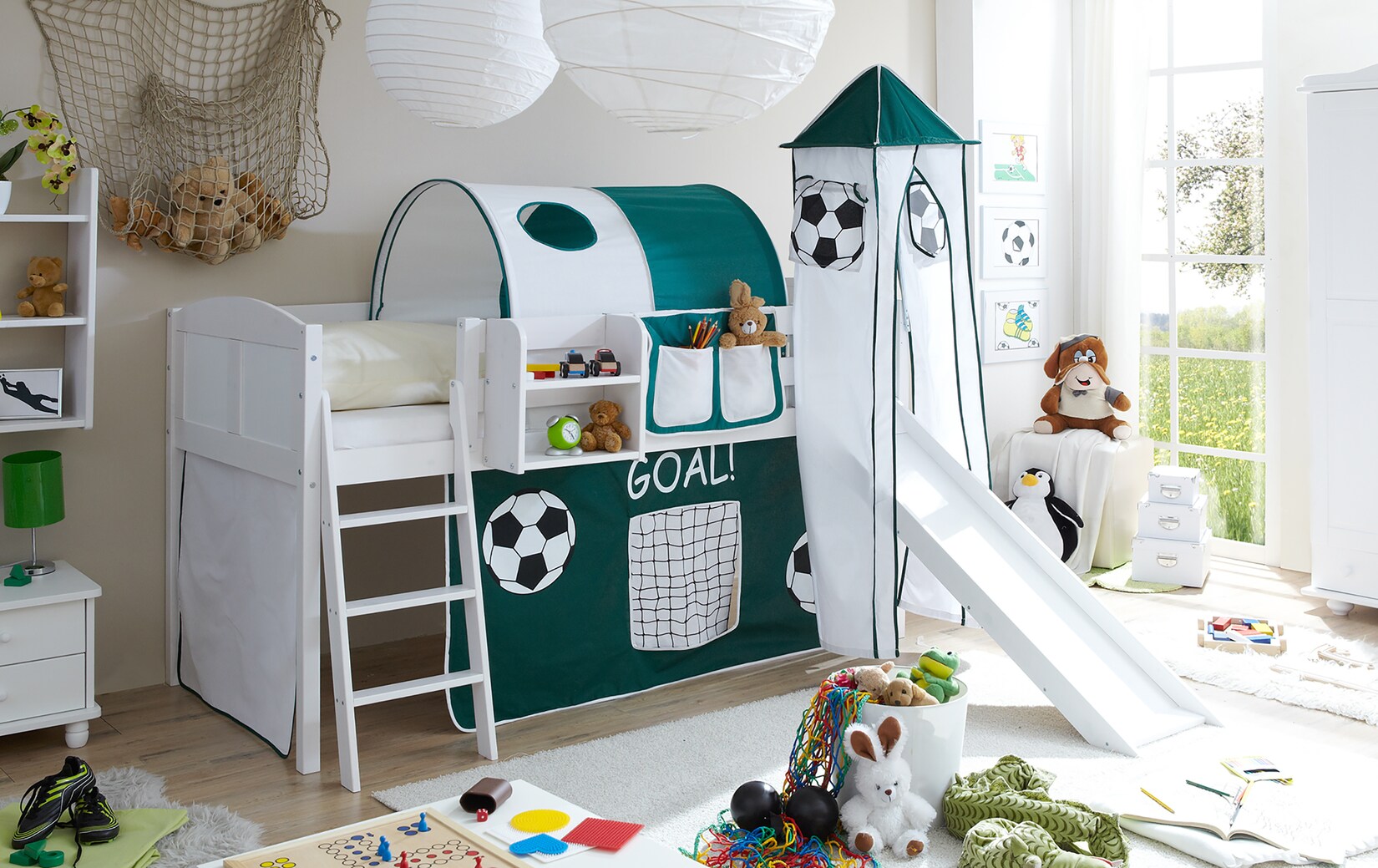 TiCAA Hochbett mit Rutsche Rutschbett mit Turm „Ekki“ Country Kiefer Weiß Motiv | 04250393880147
