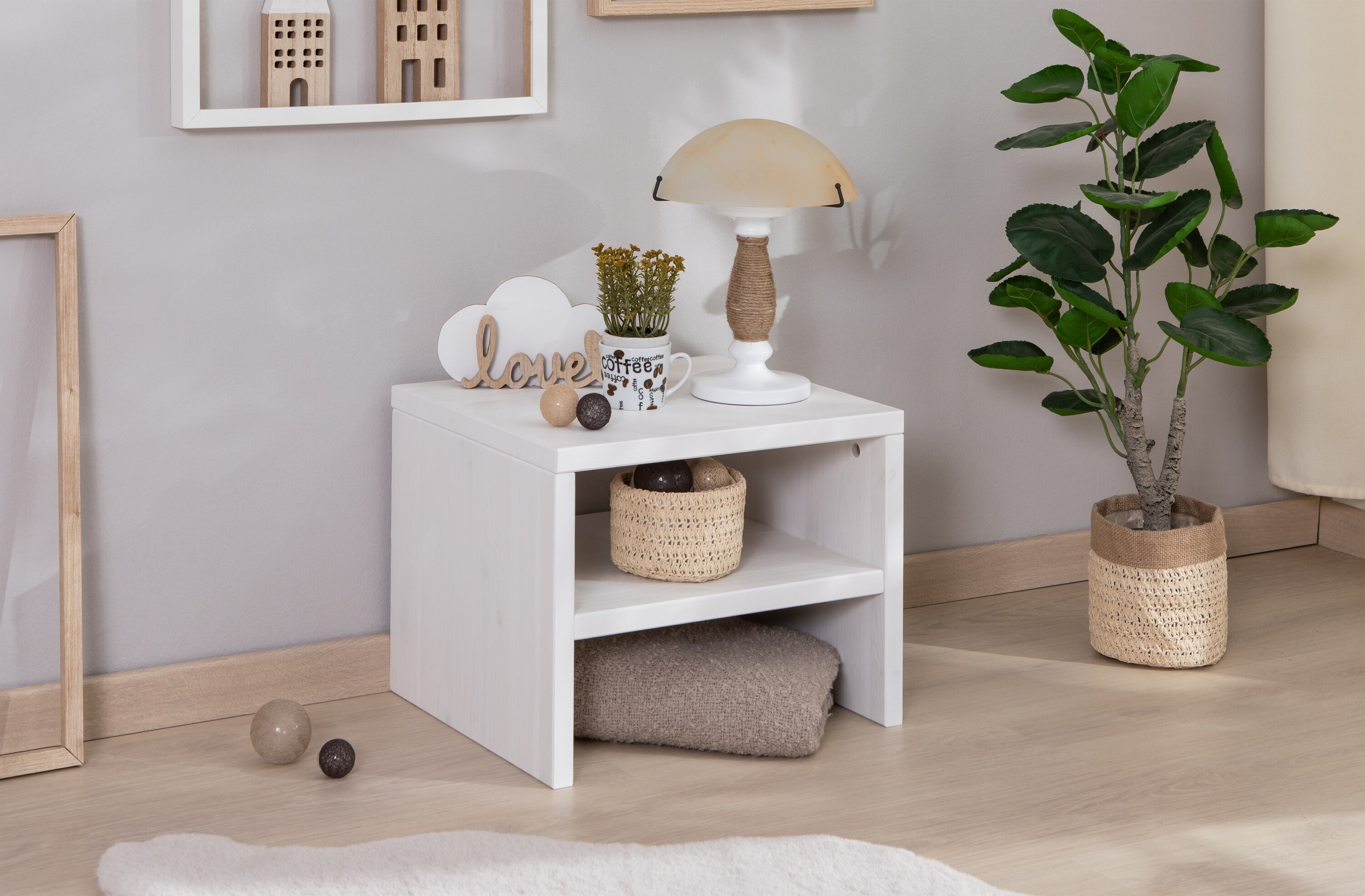 TiCAA Nachttisch Harry Kiefer mit offenen Fach Wei&szlig; - Bild 1