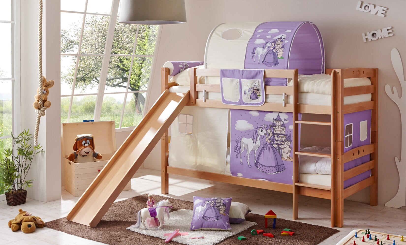 TiCAA Etagenbett mit Rutsche "Lupo" Buche Natur Motiv