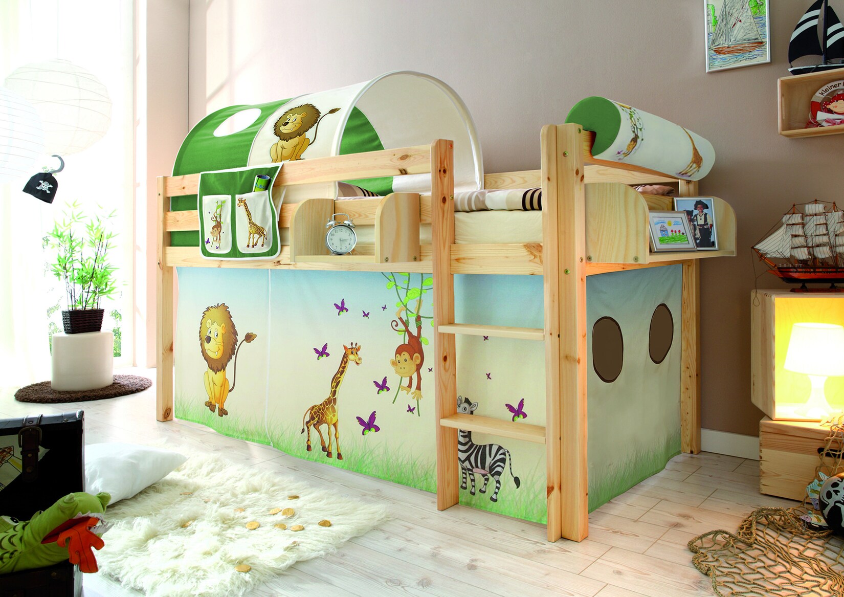 TiCAA Hochbett "Malte" Kiefer Natur Motiv Hochbett mit Leiter, 90 x 200 cm