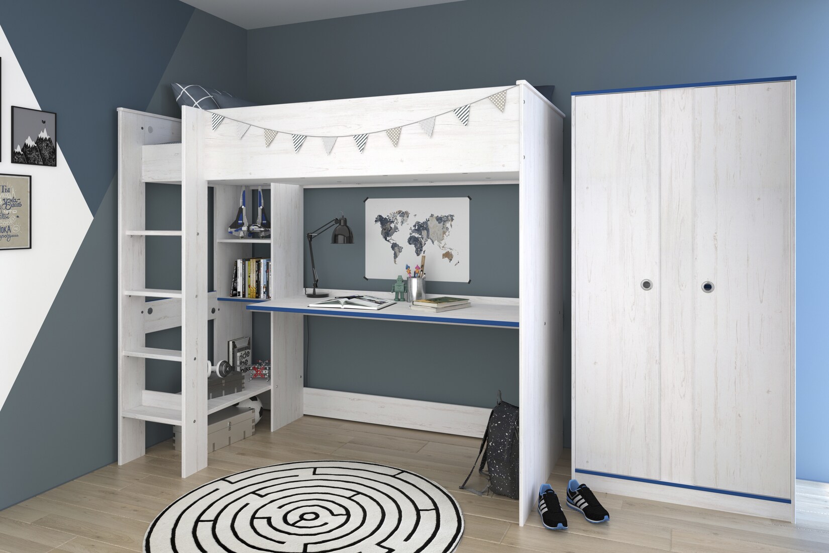 Parisot Hochbett extra hoch mit Schrank "Smoozy 4a + 4b" Blau/Pink