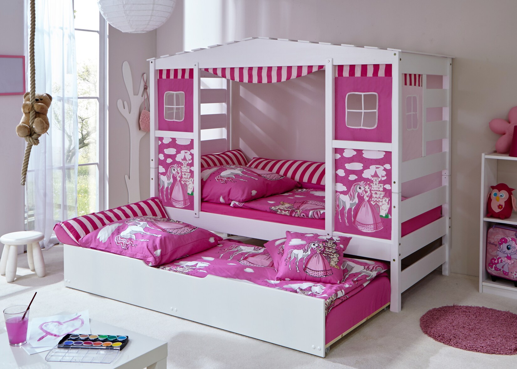 TiCAA Hausbett mit Bettkasten "Horse Rosa" Kiefer Weiß