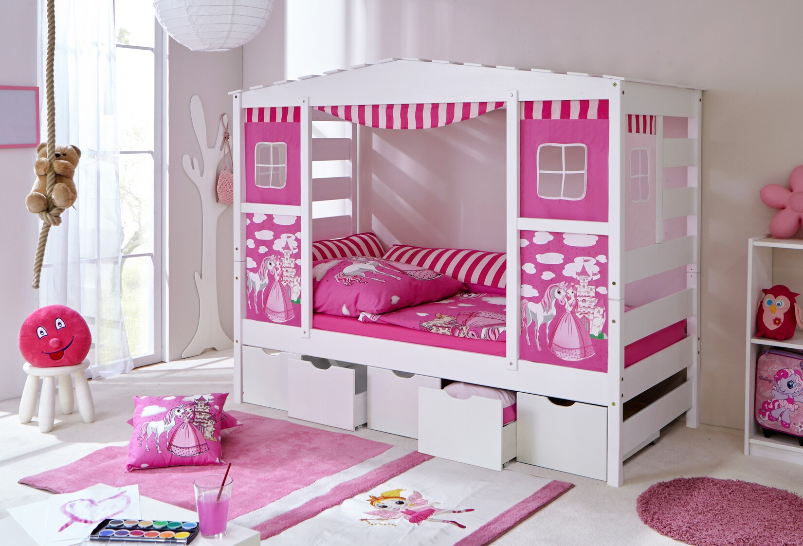 TiCAA Hausbett mit Bettkasten "Horse Rosa" Kiefer Weiß