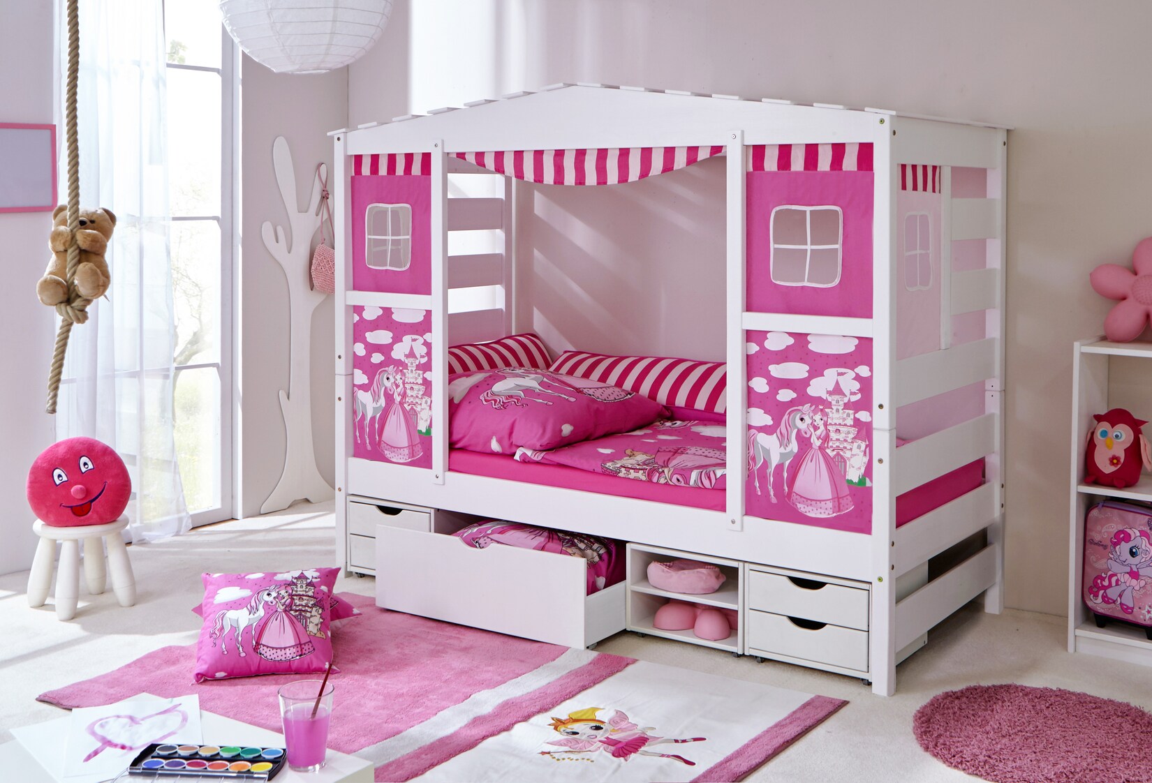TiCAA Hausbett mit Bettkasten "Horse Rosa" Kiefer Weiß