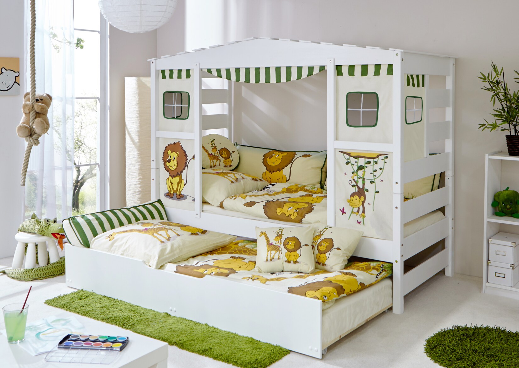 TiCAA Hausbett mit Bettkasten "Safari" Kiefer Weiß