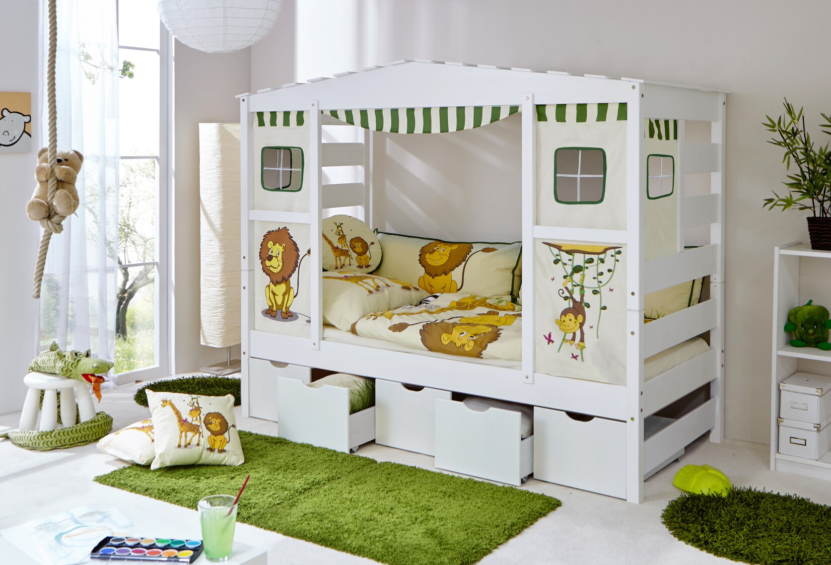 TiCAA Hausbett mit Bettkasten "Safari" Kiefer Weiß