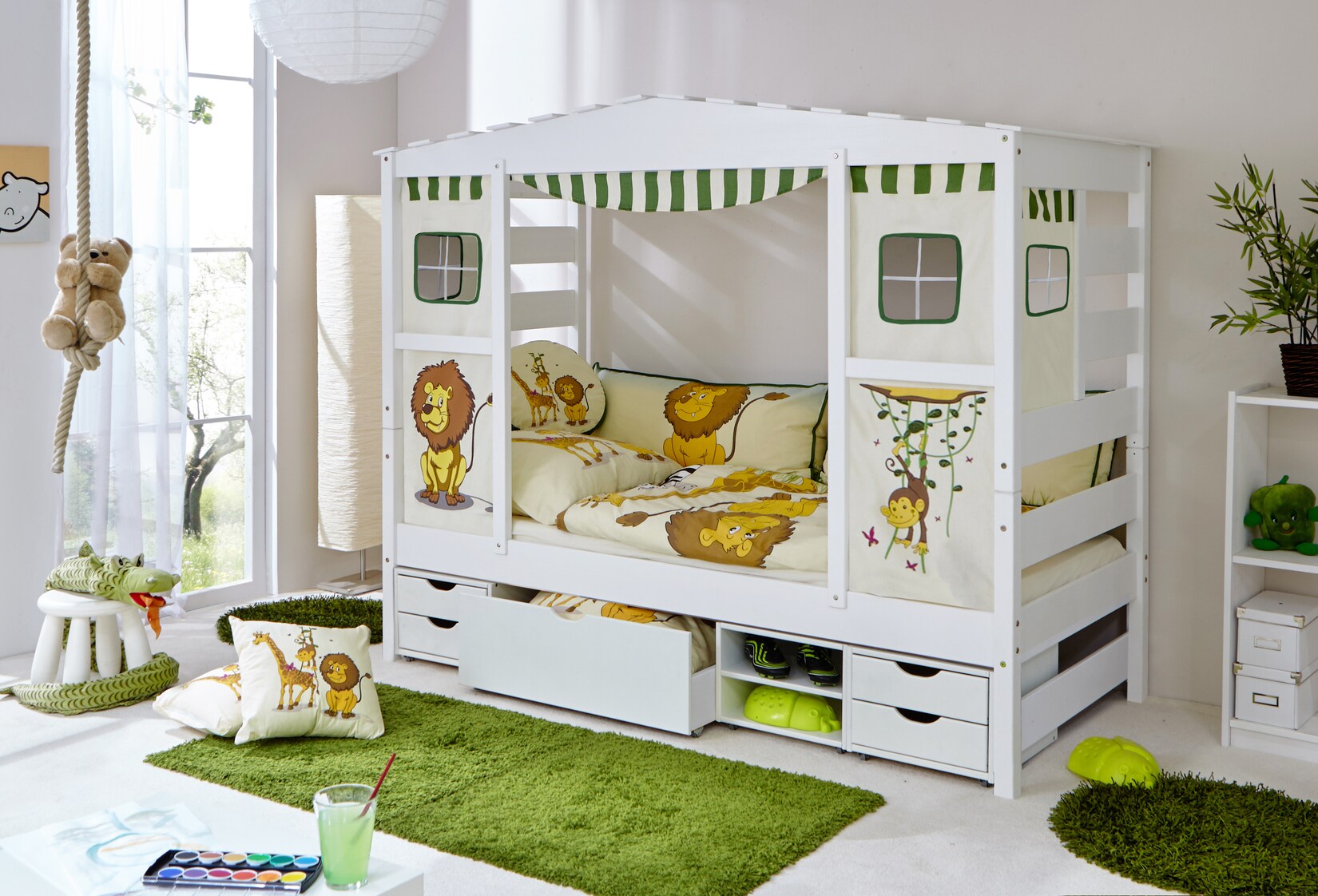 TiCAA Hausbett mit Bettkasten "Safari" Kiefer Weiß