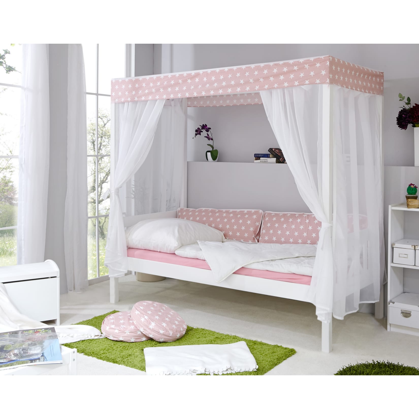 TiCAA Himmelbett "Rosa" 310 Kiefer Wei&szlig; (Rosa/Wei&szlig; Stern) - Bild 1
