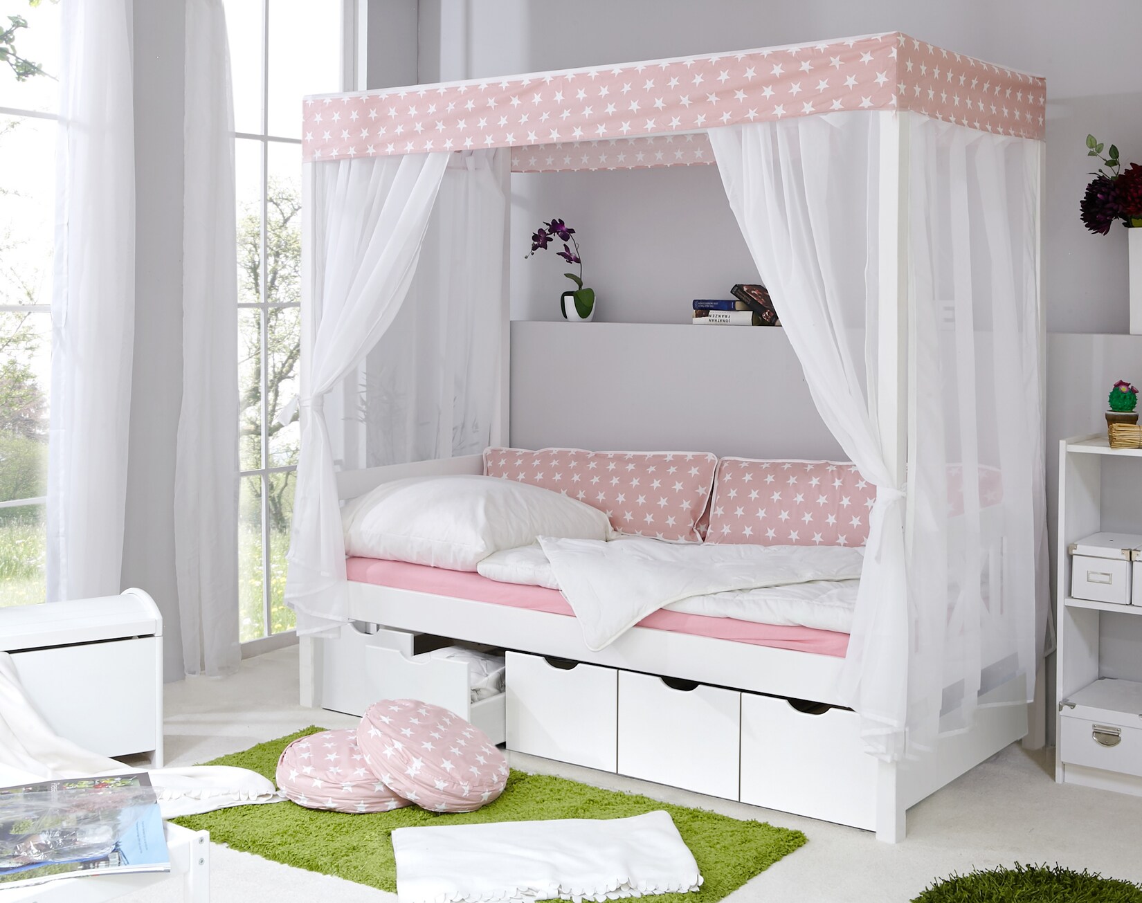 TiCAA Himmelbett "Rosa" 310 Kiefer Weiß (Rosa/Weiß Stern)